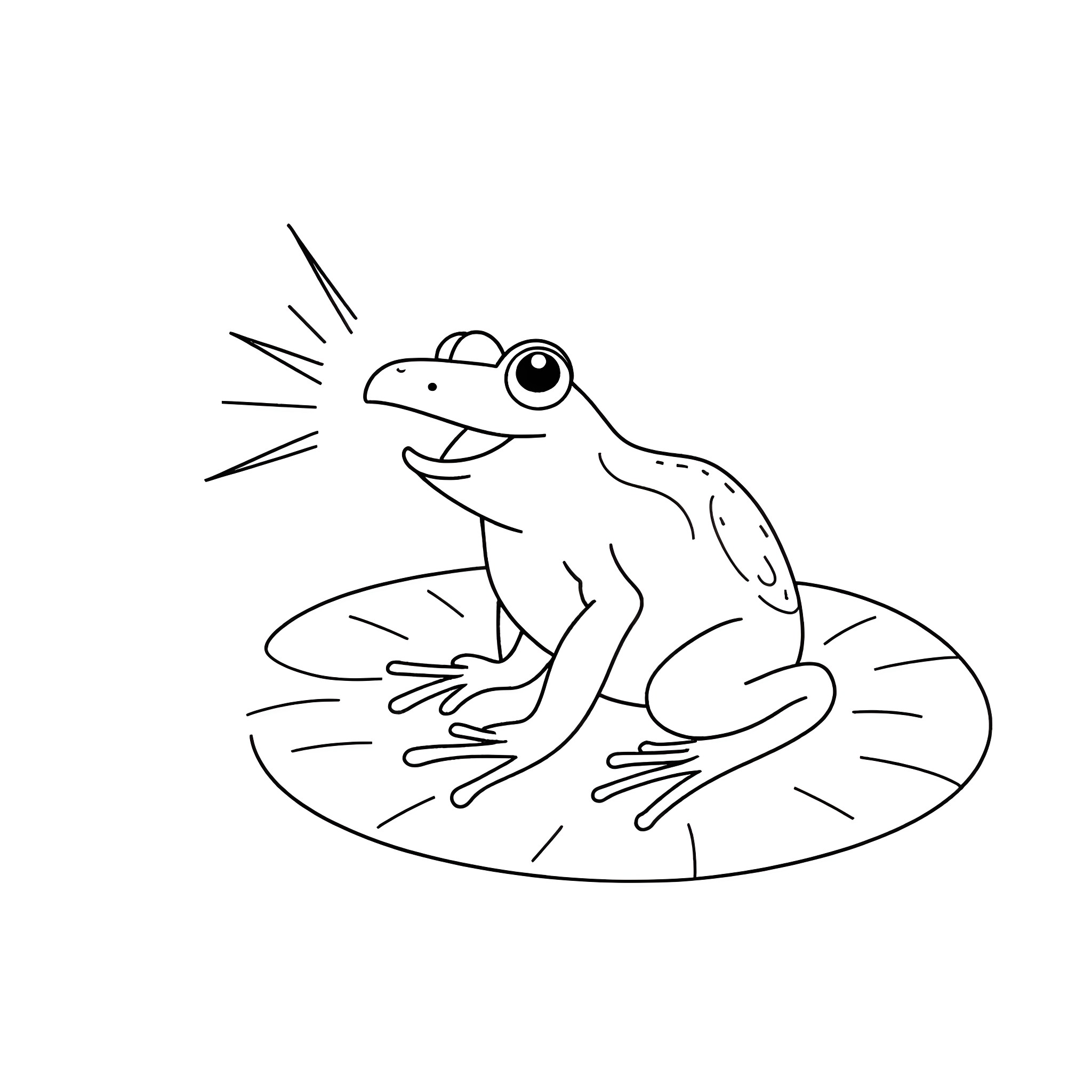 Frog jumping happily on a lily pad Coloring Page (free black-and-white line drawing printable PDF for all, from beginners to advanced learners, including children, teens, adults, and seniors)