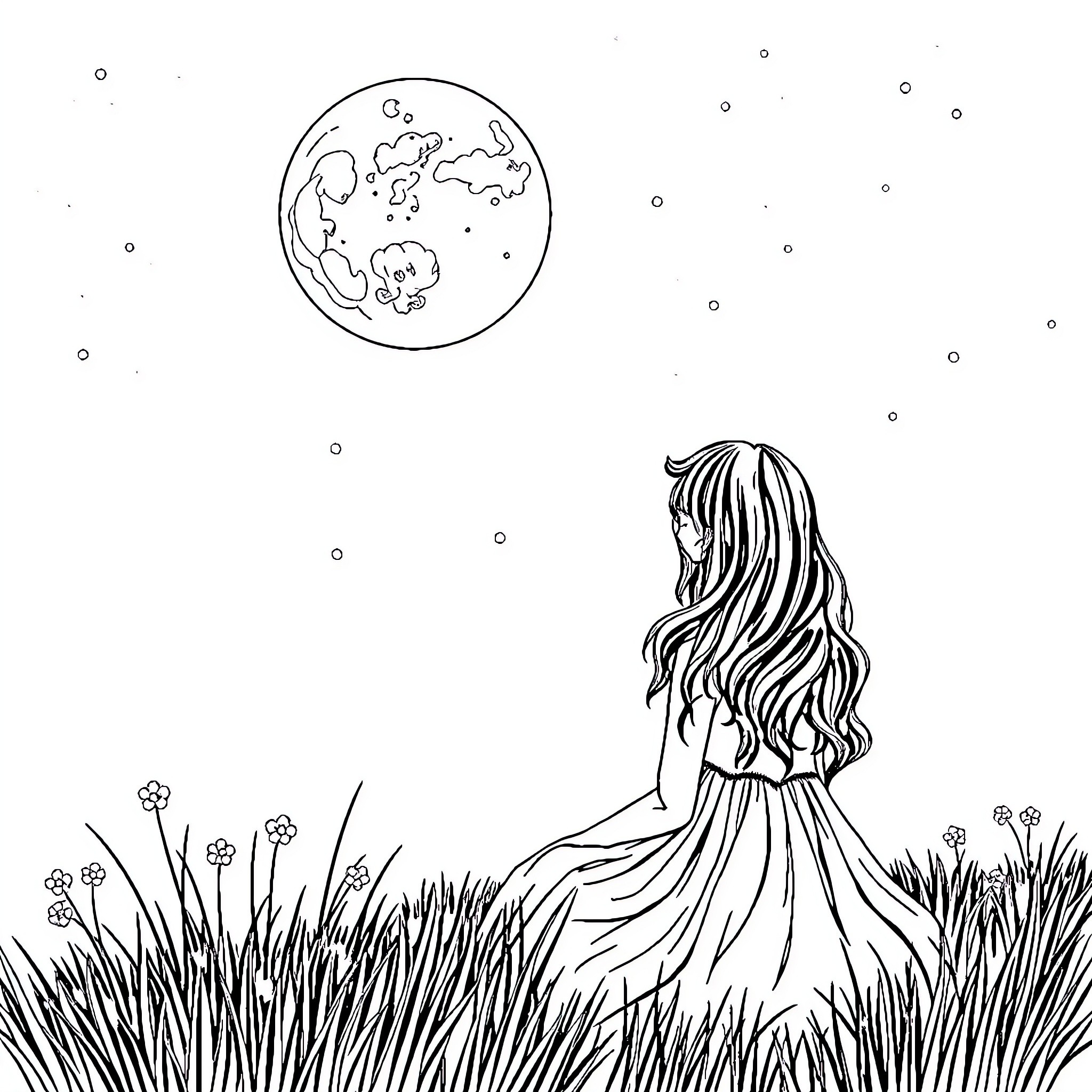 Moon gazing woman in a field Coloring Page (free black-and-white line drawing printable PDF for all, from beginners to advanced learners, including children, teens, adults, and seniors)