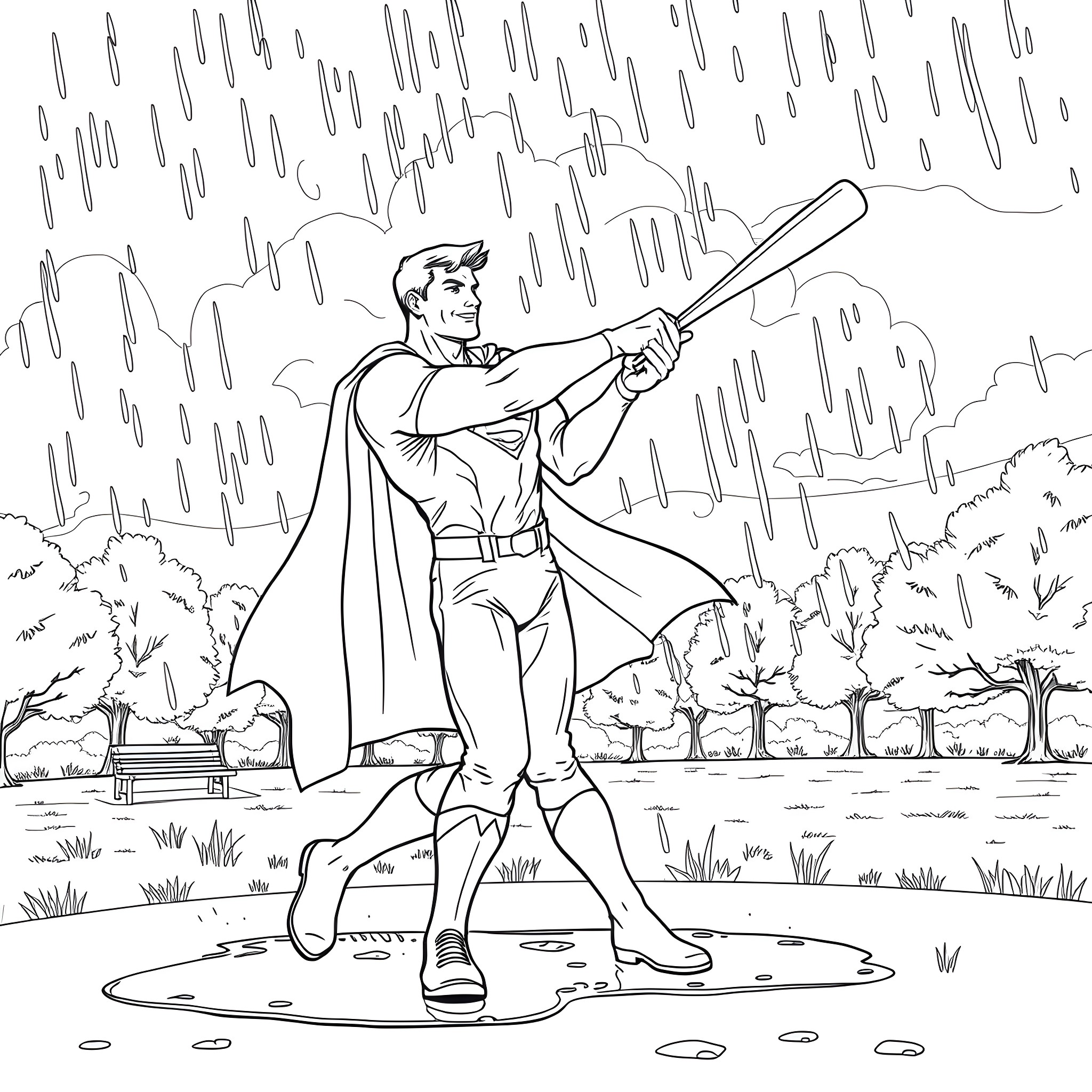 Superman Saving the Day in Rainy Weather Coloring Page (free black-and-white line drawing printable PDF for all, from beginners to advanced learners, including children, teens, adults, and seniors)