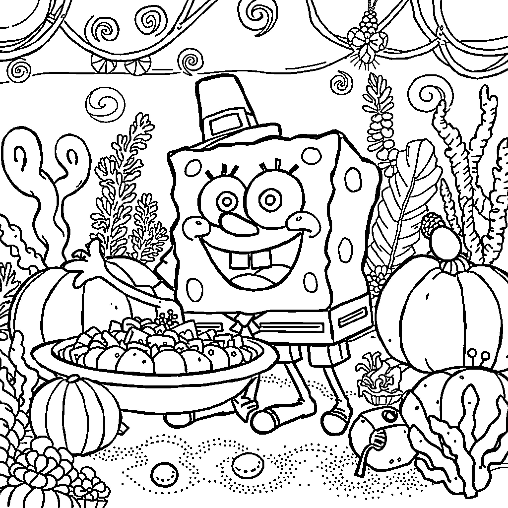 Spongebob enjoying Thanksgiving feast with friends Coloring Page (free black-and-white line drawing printable PDF for all, from beginners to advanced learners, including children, teens, adults, and seniors)
