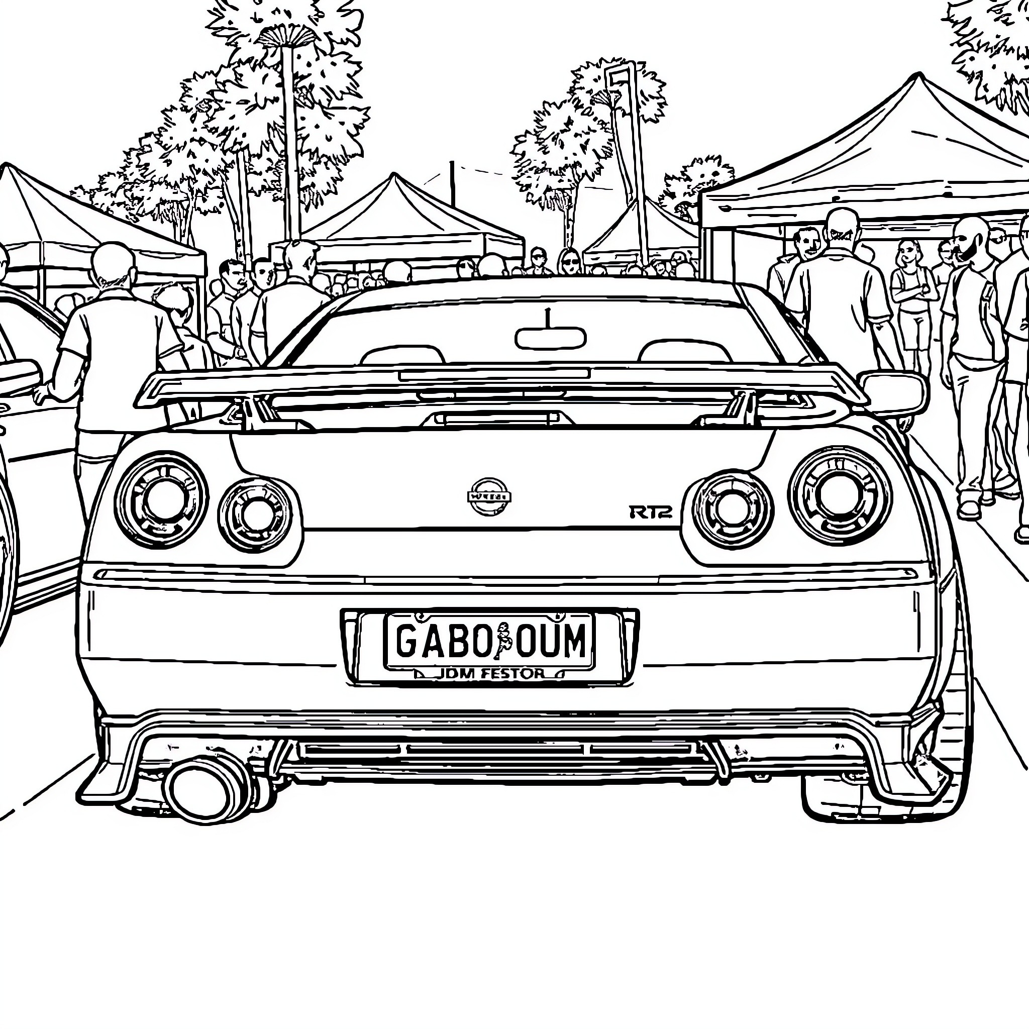Nissan sports car showcased at outdoor event Coloring Page (free black-and-white line drawing printable PDF for all, from beginners to advanced learners, including children, teens, adults, and seniors)