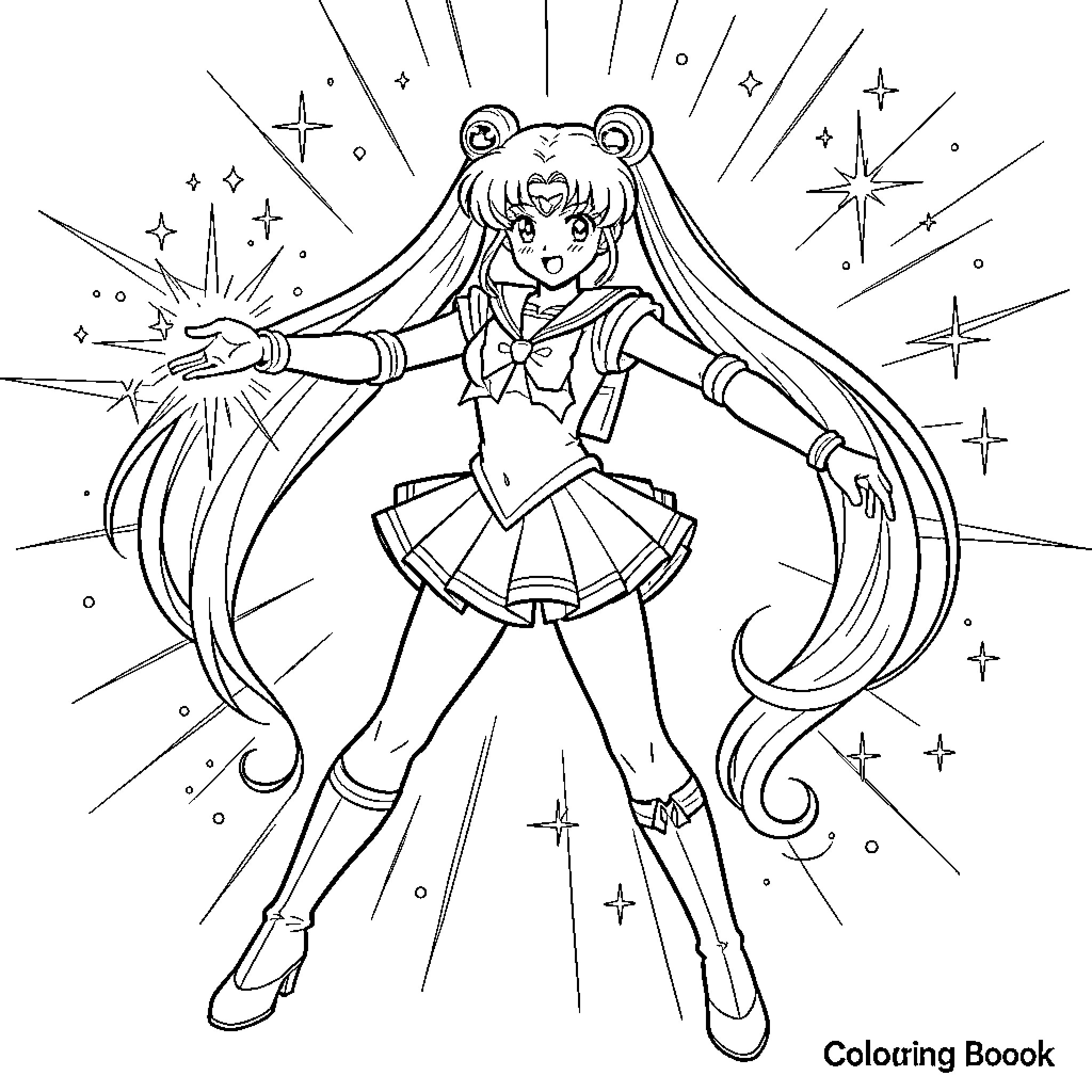 Sailor Moon striking a heroic pose Coloring Page (free black-and-white line drawing printable PDF for all, from beginners to advanced learners, including children, teens, adults, and seniors)