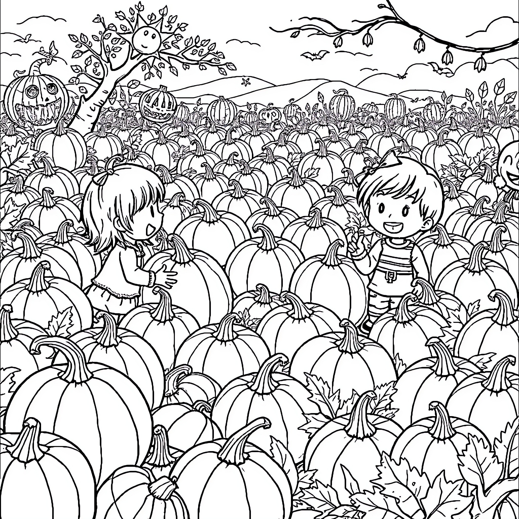 Pumpkin Patch Fun with Whimsical Characters Coloring Page (free black-and-white line drawing printable PDF for all, from beginners to advanced learners, including children, teens, adults, and seniors)