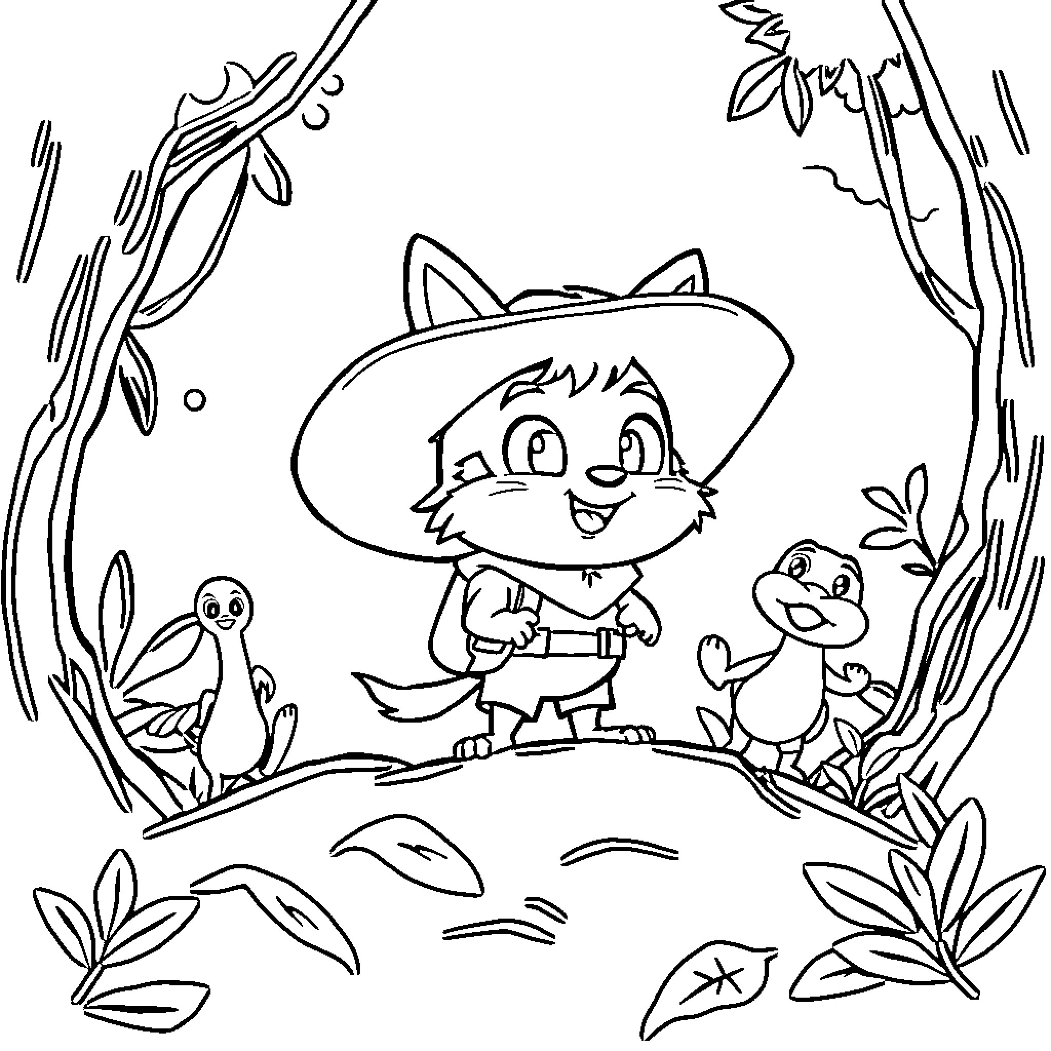Ruca's adventurous journey with forest friends Coloring Page (free black-and-white line drawing printable PDF for all, from beginners to advanced learners, including children, teens, adults, and seniors)