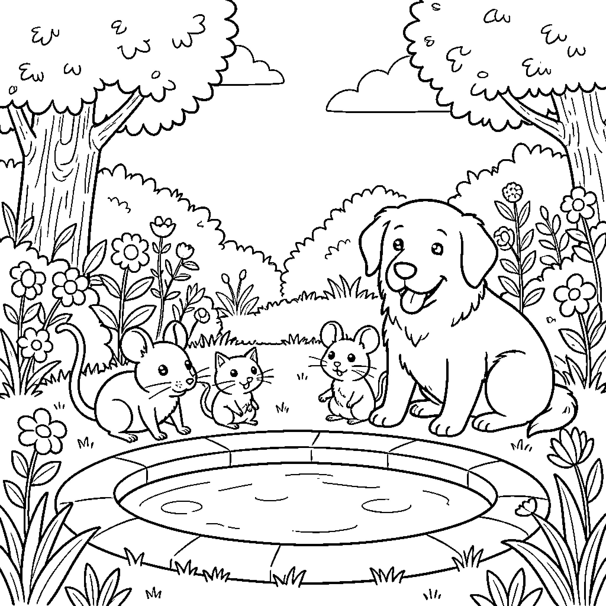 Mouse and friends gathered around a small pond Coloring Page (free black-and-white line drawing printable PDF for all, from beginners to advanced learners, including children, teens, adults, and seniors)