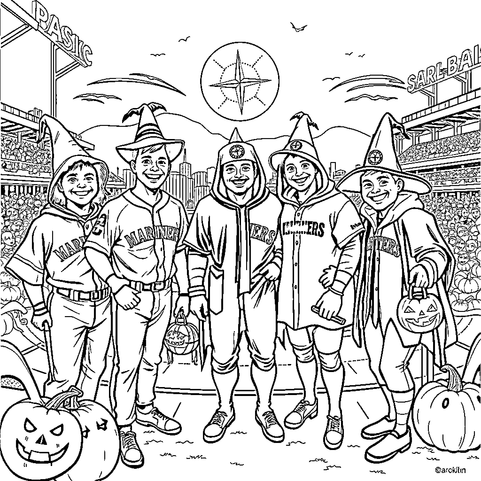 Seattle Mariners players dressed in Halloween costumes at stadium Coloring Page (free black-and-white line drawing printable PDF for all, from beginners to advanced learners, including children, teens, adults, and seniors)