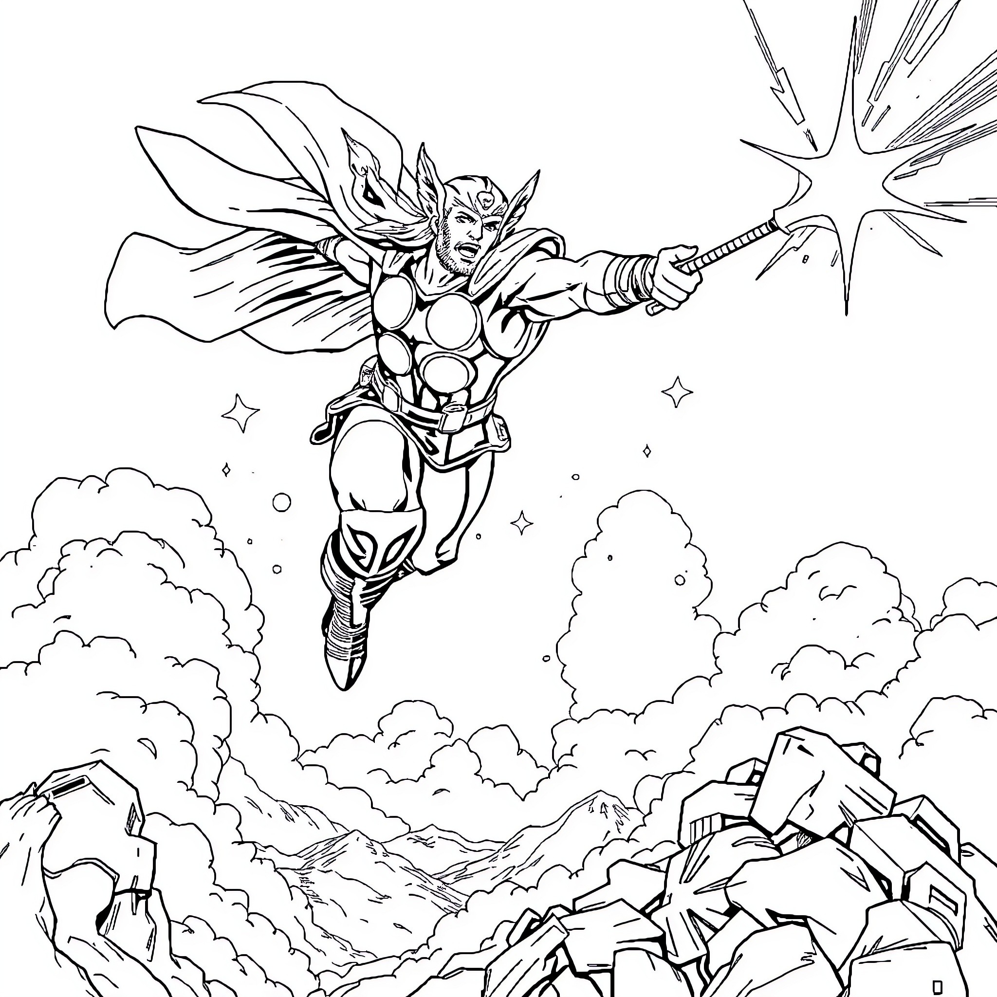 Thor's Heroic Leap into Action Coloring Page (free black-and-white line drawing printable PDF for all, from beginners to advanced learners, including children, teens, adults, and seniors)
