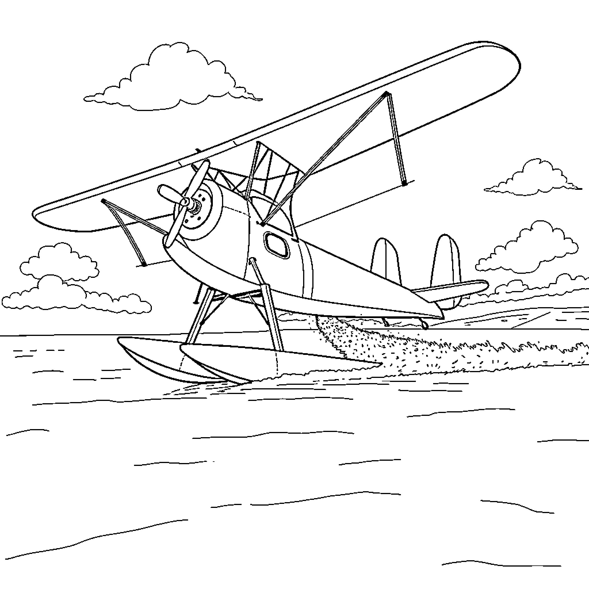 Biplane taking off from water Coloring Page (free black-and-white line drawing printable PDF for all, from beginners to advanced learners, including children, teens, adults, and seniors)