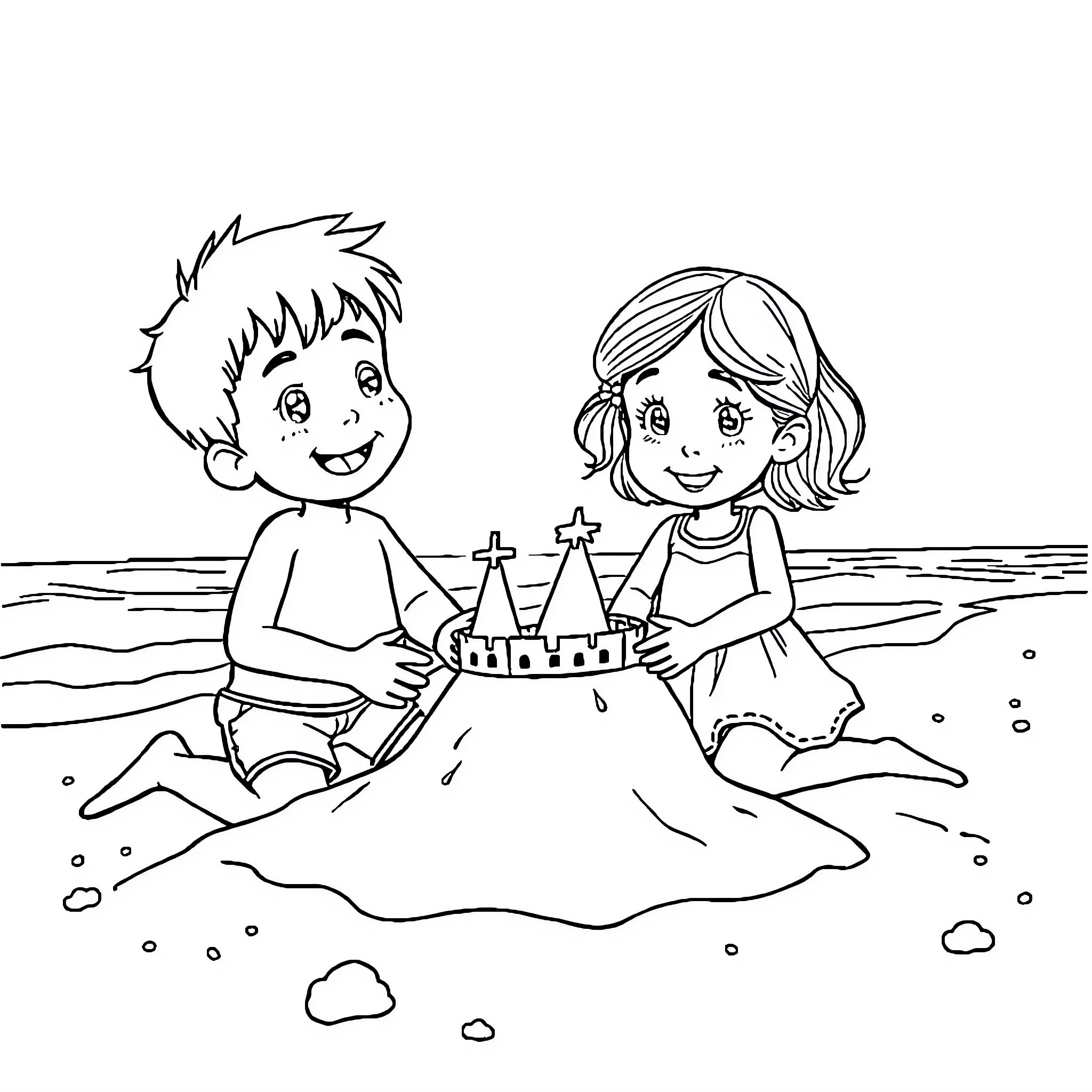 Child building a sandcastle with friend on the beach Coloring Page (free black-and-white line drawing printable PDF for all, from beginners to advanced learners, including children, teens, adults, and seniors)