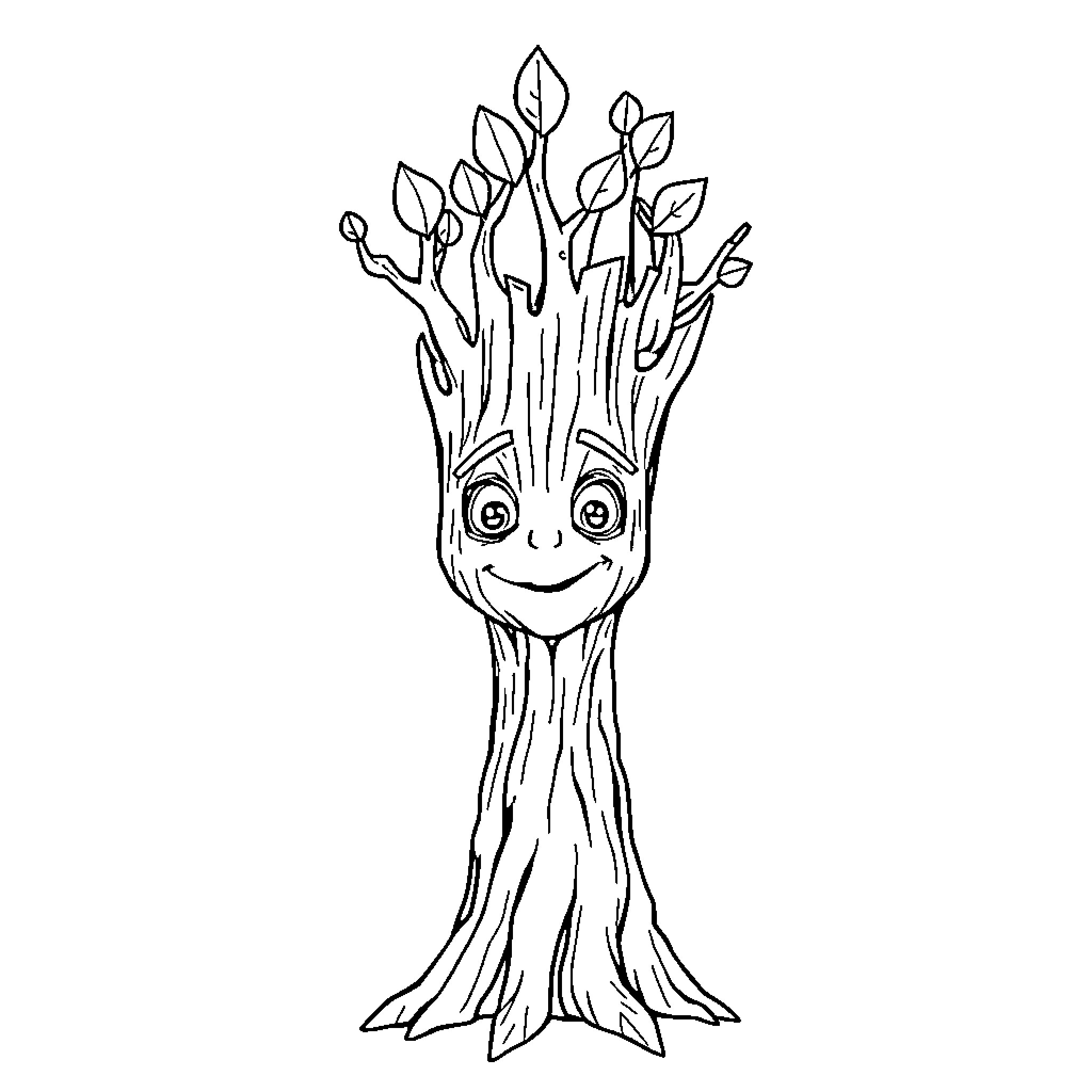 Groot's Whimsical Woodland Adventure Coloring Page (free black-and-white line drawing printable PDF for all, from beginners to advanced learners, including children, teens, adults, and seniors)