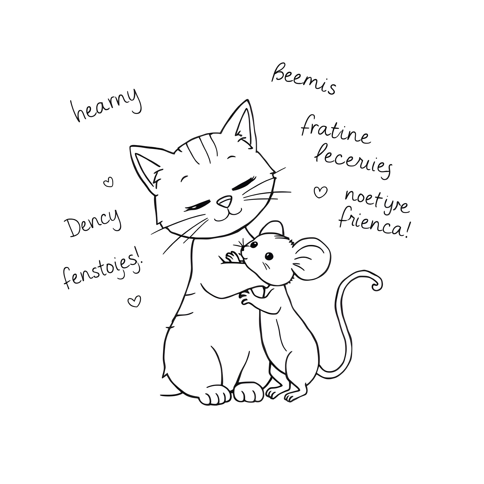 Cat and mouse sharing affection Coloring Page (free black-and-white line drawing printable PDF for all, from beginners to advanced learners, including children, teens, adults, and seniors)