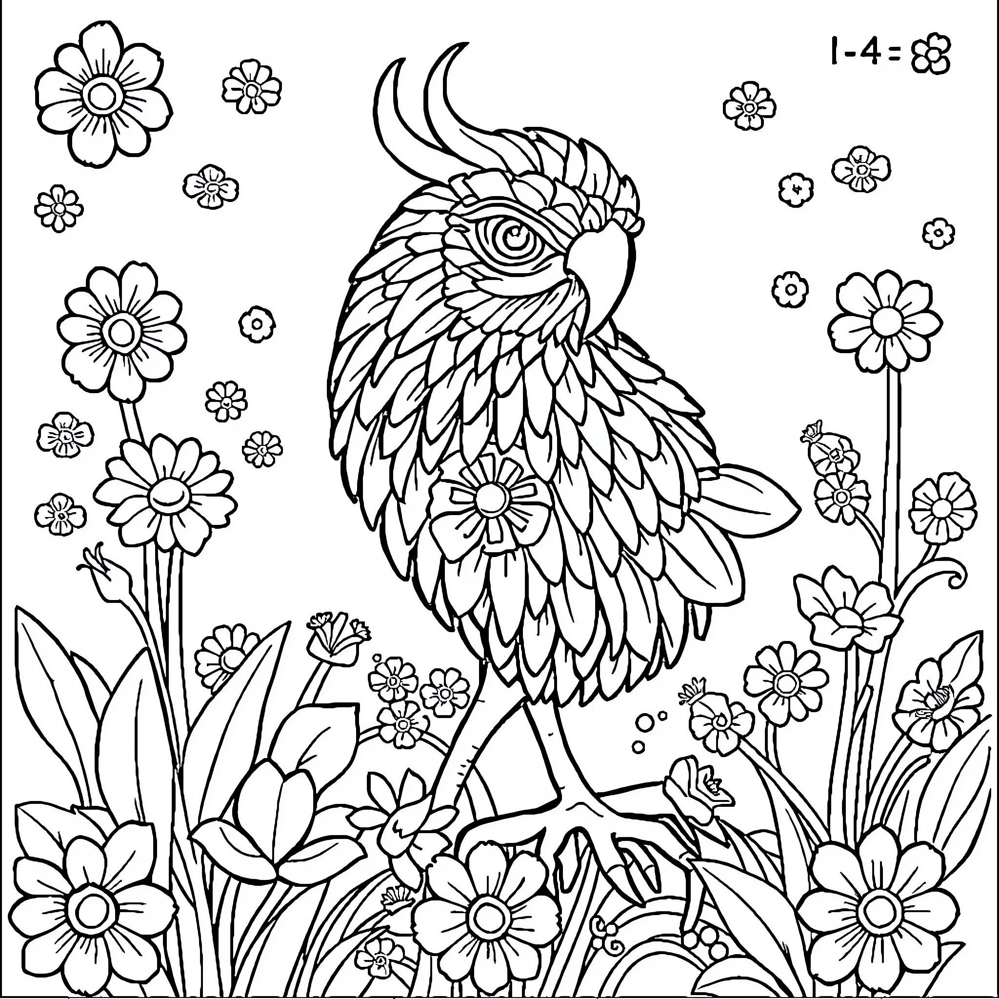 Number Parrot in Flower Garden Coloring Page (free black-and-white line drawing printable PDF for all, from beginners to advanced learners, including children, teens, adults, and seniors)