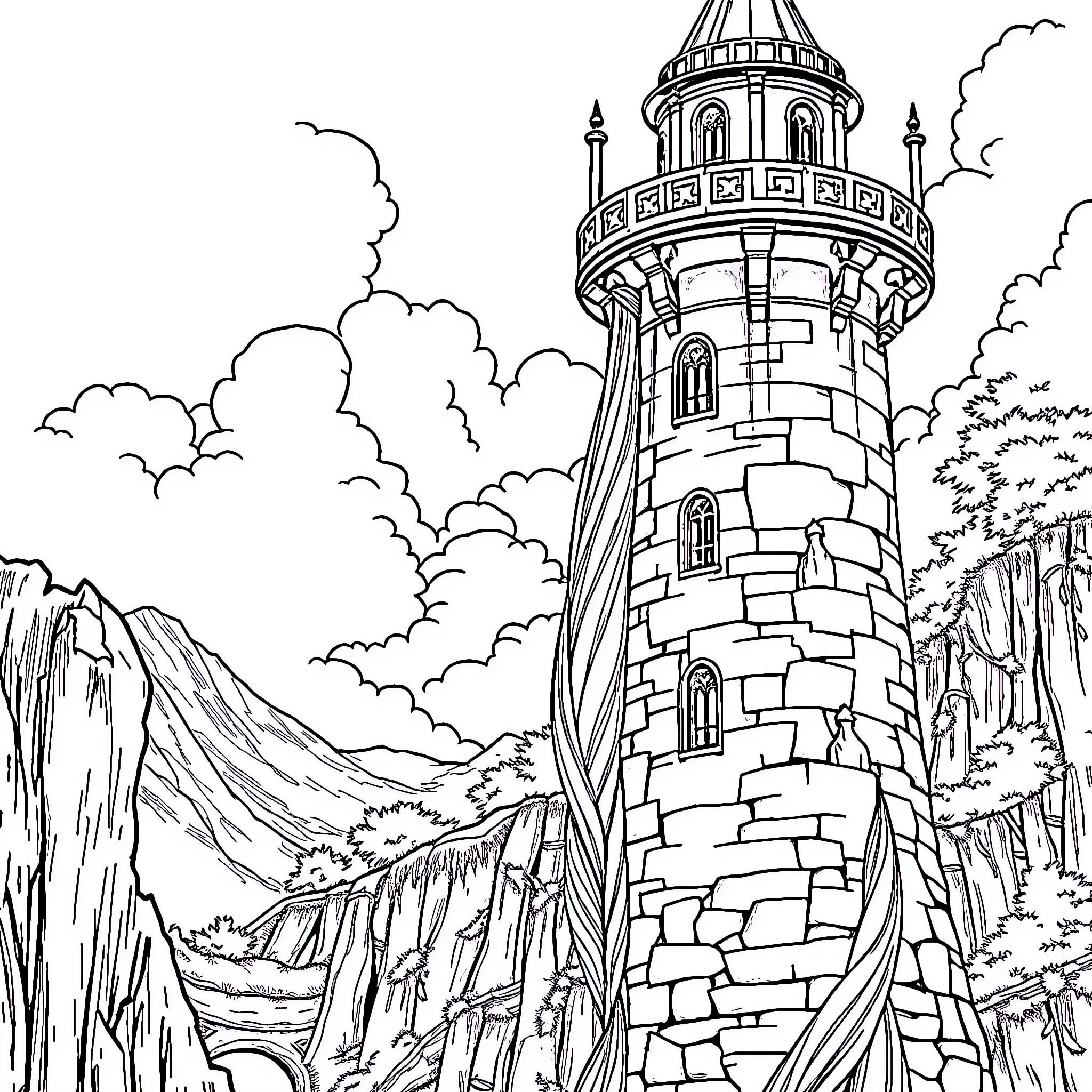 Rapunzel's Tower in the Enchanted Forest Coloring Page (free black-and-white line drawing printable PDF for all, from beginners to advanced learners, including children, teens, adults, and seniors)