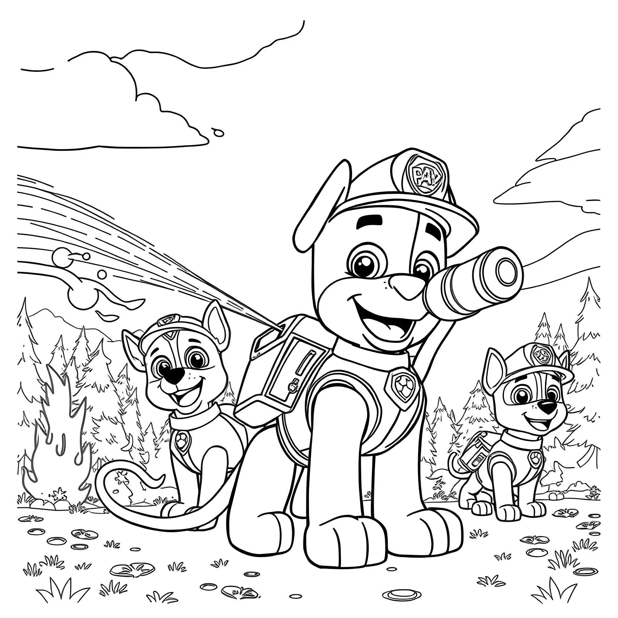 Marshall and Paw Patrol pups on an adventure Coloring Page (free black-and-white line drawing printable PDF for all, from beginners to advanced learners, including children, teens, adults, and seniors)