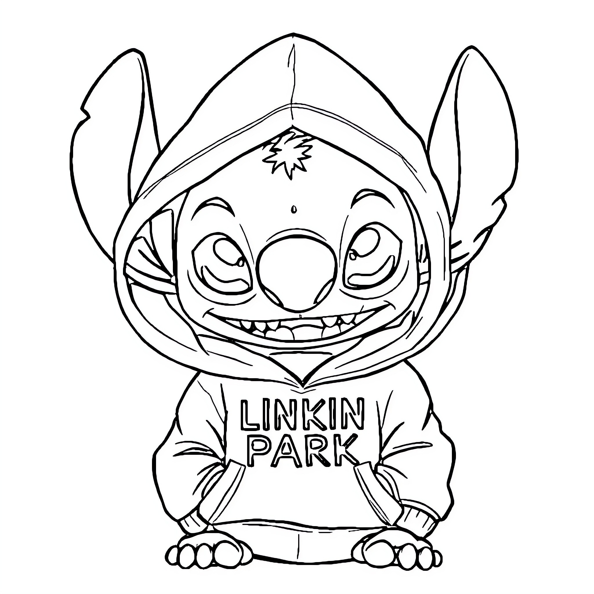 Stitch in a Hoodie Smiling Mischievously Coloring Page (free black-and-white line drawing printable PDF for all, from beginners to advanced learners, including children, teens, adults, and seniors)