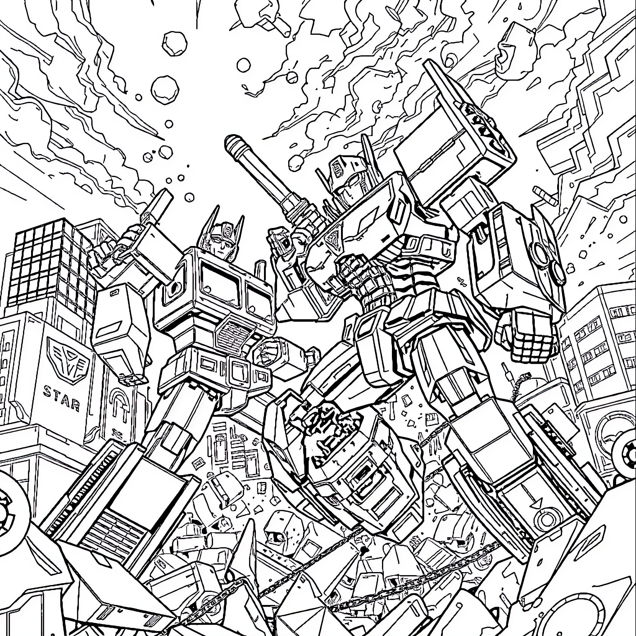 Optimus Prime Battles Heroically Amidst Cityscape Chaos Coloring Page (free black-and-white line drawing printable PDF for all, from beginners to advanced learners, including children, teens, adults, and seniors)