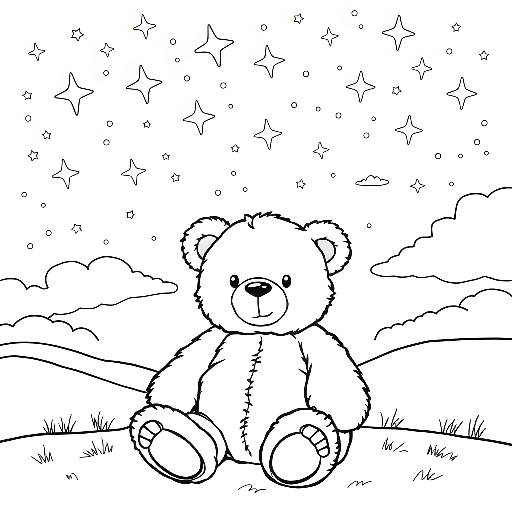 Teddy Bear looking up at the starry night sky Coloring Page (free black-and-white line drawing printable PDF for all, from beginners to advanced learners, including children, teens, adults, and seniors)