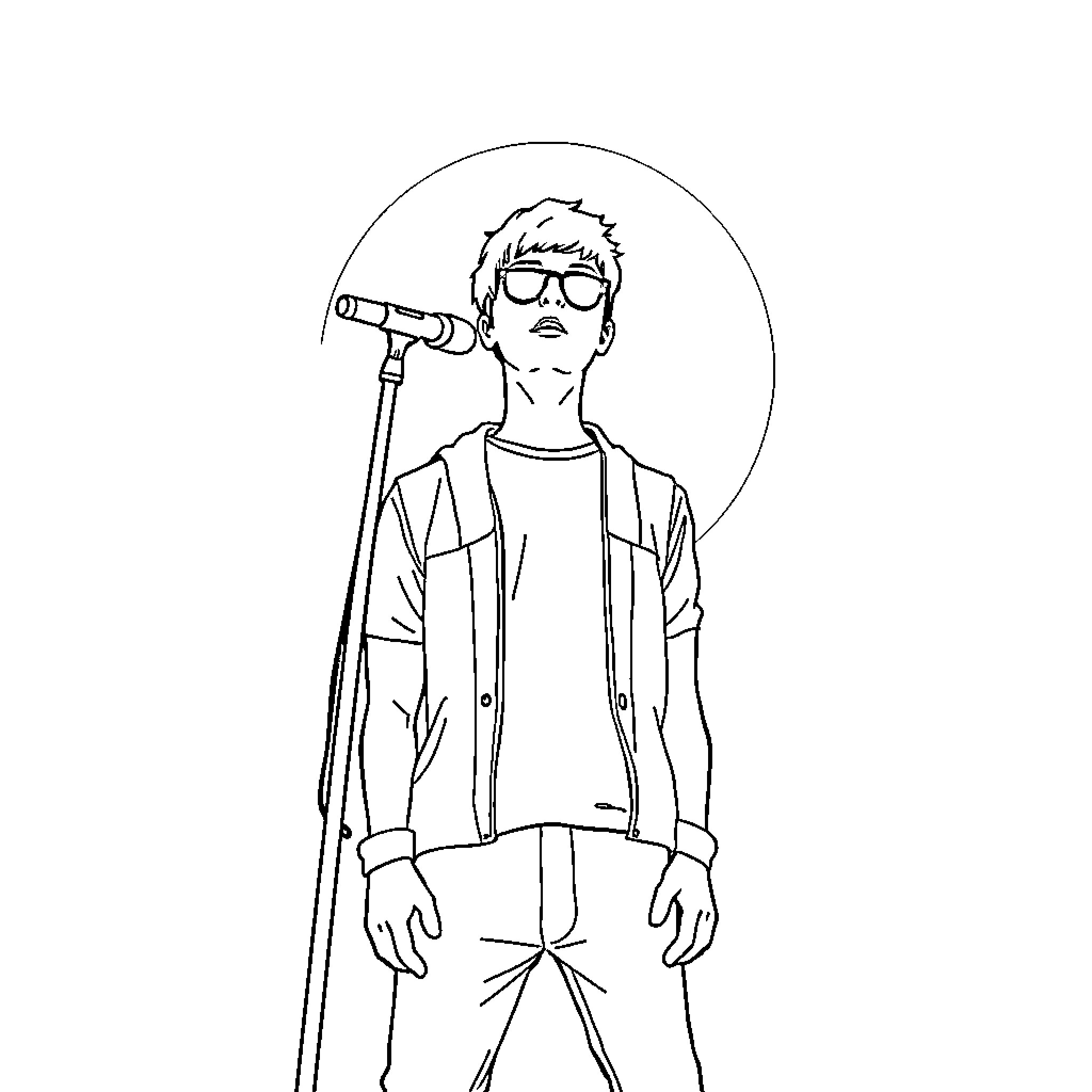 Clancy performing on stage with microphone Coloring Page (free black-and-white line drawing printable PDF for all, from beginners to advanced learners, including children, teens, adults, and seniors)