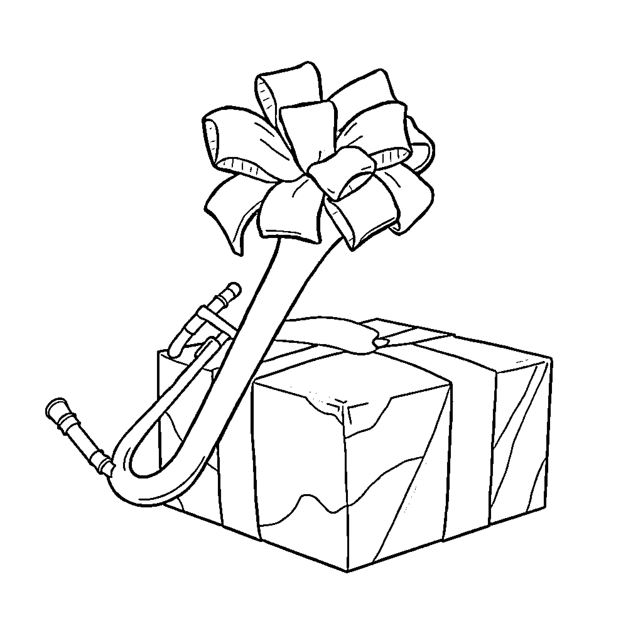 Trombone and Gift Box with Ribbon Coloring Page (free black-and-white line drawing printable PDF for all, from beginners to advanced learners, including children, teens, adults, and seniors)