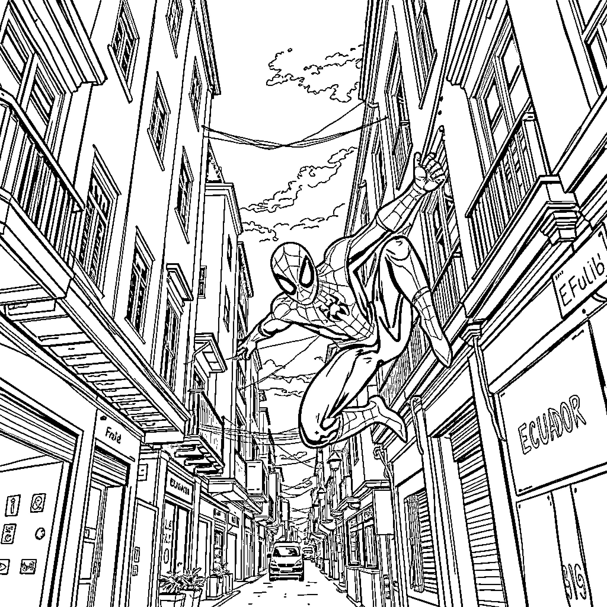 Spiderman web-swinging through the city Coloring Page (free black-and-white line drawing printable PDF for all, from beginners to advanced learners, including children, teens, adults, and seniors)