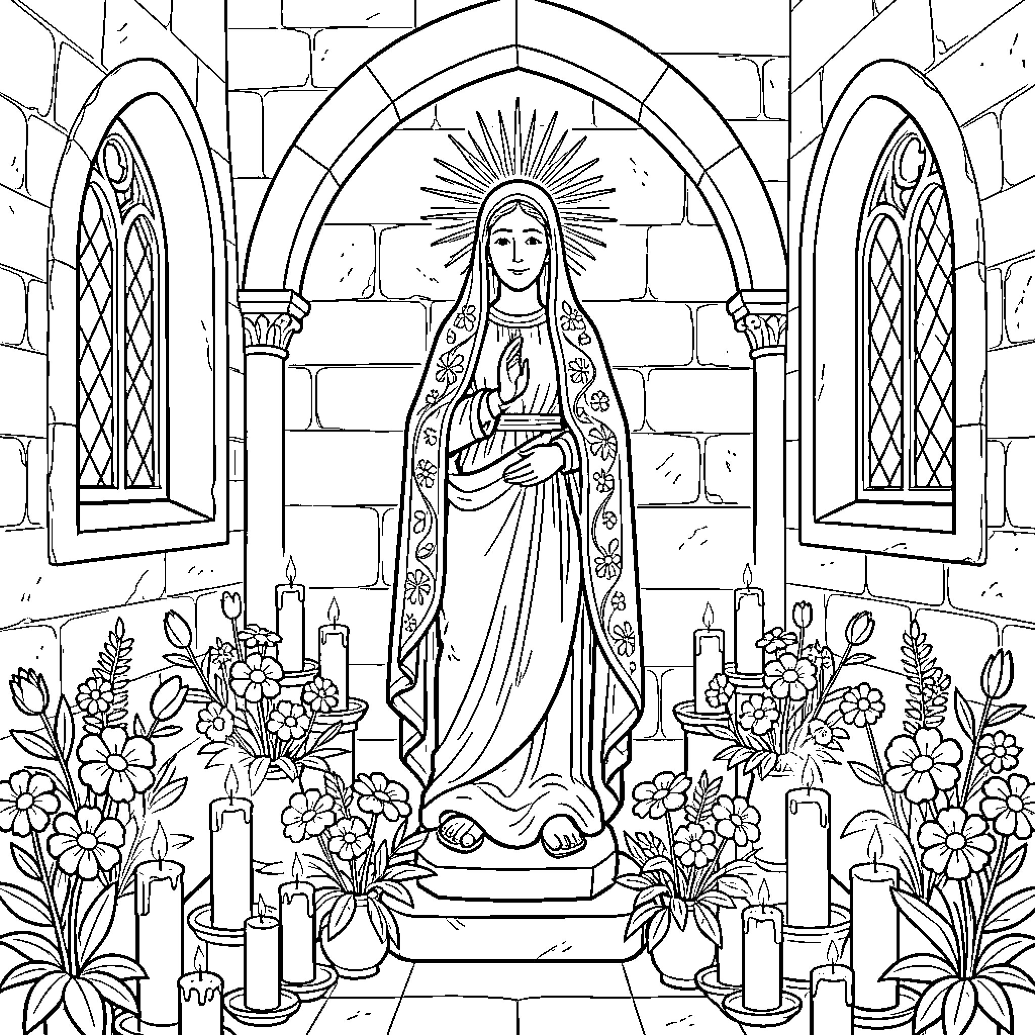 Virgen de Setefilla in a religious setting with floral arrangements Coloring Page (free black-and-white line drawing printable PDF for all, from beginners to advanced learners, including children, teens, adults, and seniors)