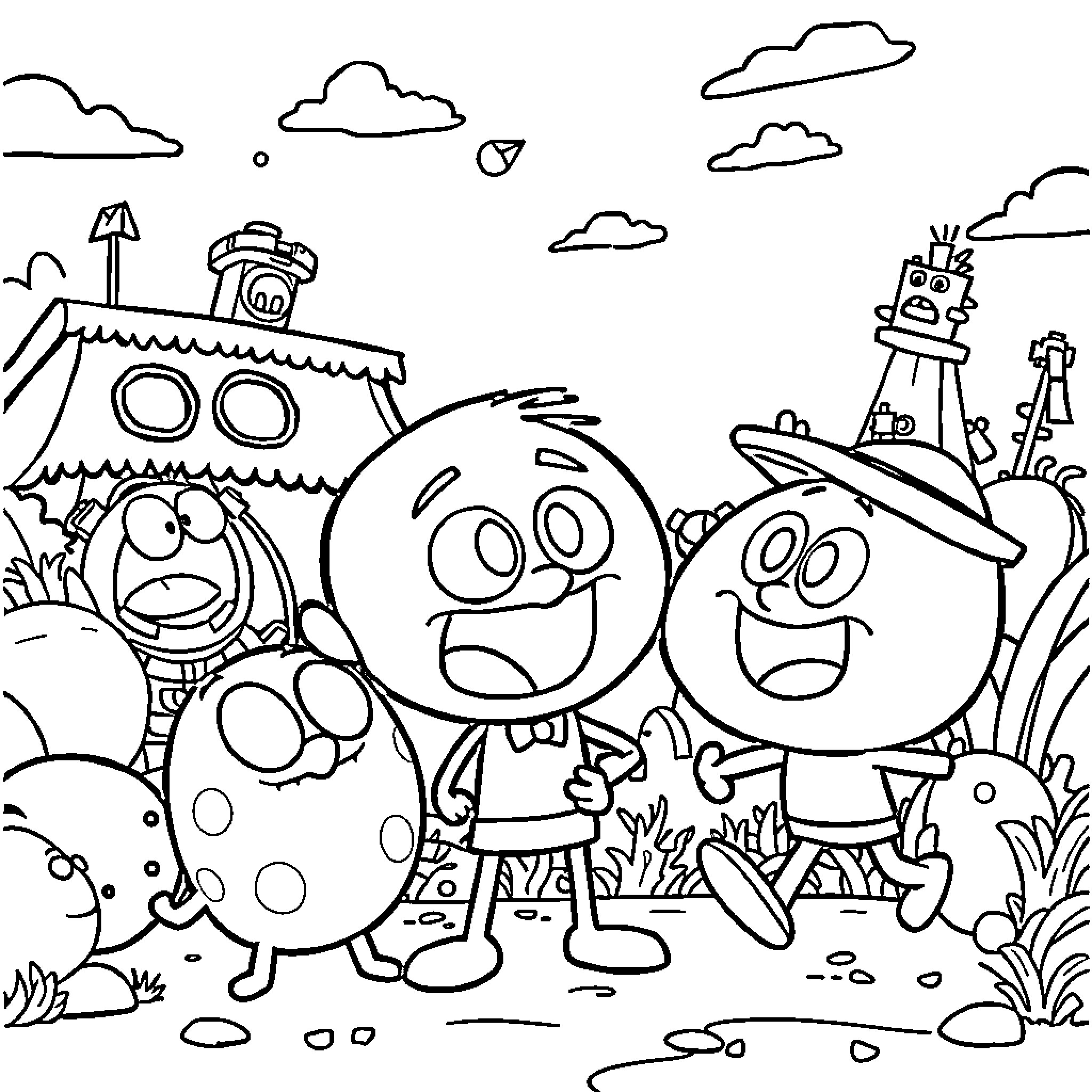 Gumball characters in a whimsical outdoor scene Coloring Page (free black-and-white line drawing printable PDF for all, from beginners to advanced learners, including children, teens, adults, and seniors)