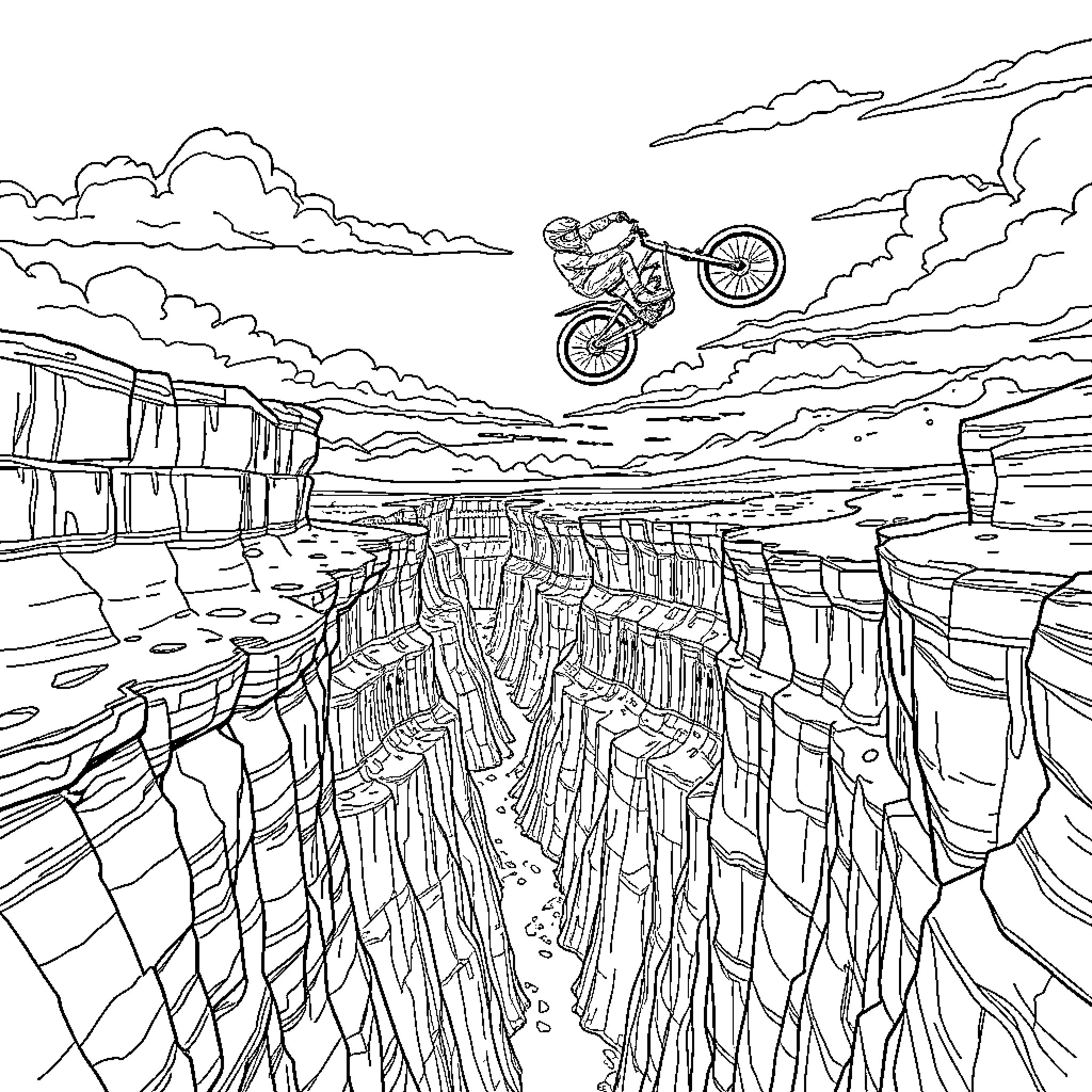 BMX Rider Soaring Over Dramatic Landscape Coloring Page (free black-and-white line drawing printable PDF for all, from beginners to advanced learners, including children, teens, adults, and seniors)