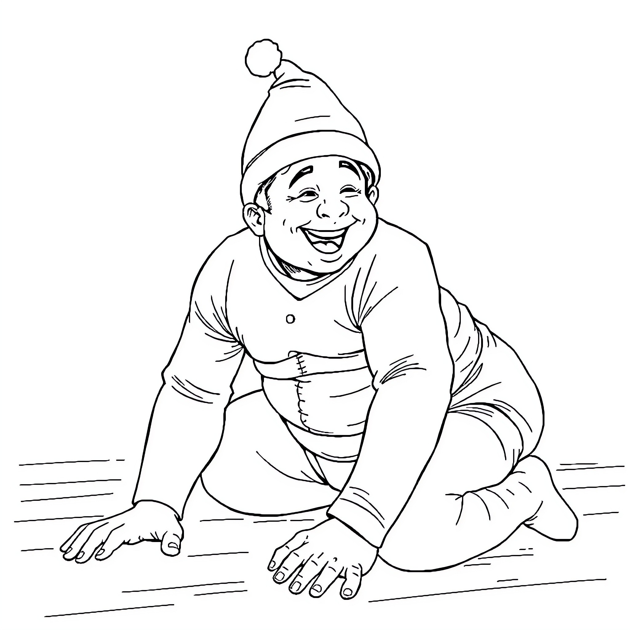 Baby laughing and playing joyfully in the snow Coloring Page (free black-and-white line drawing printable PDF for all, from beginners to advanced learners, including children, teens, adults, and seniors)