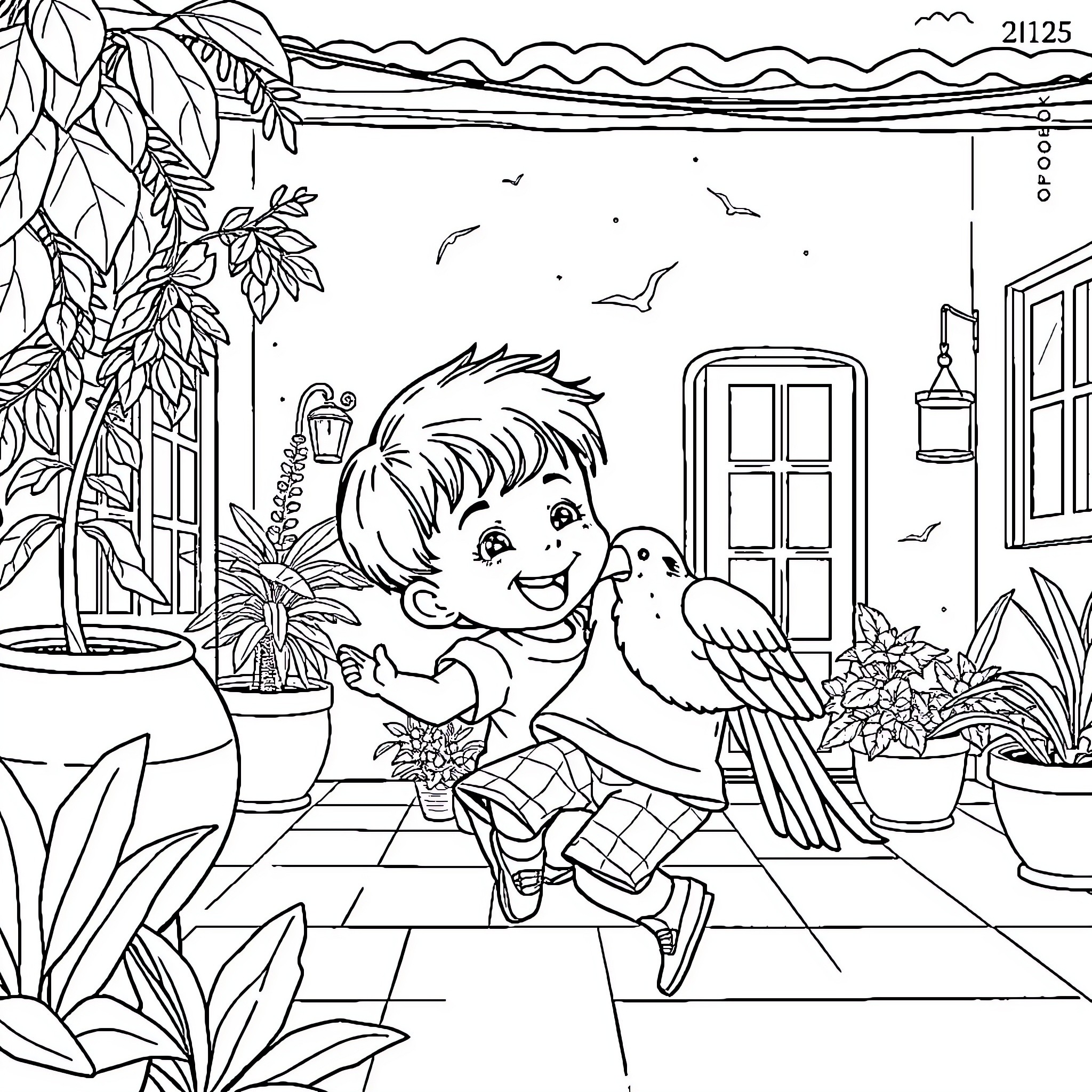 Niño playing joyfully with a bird in a lush garden Coloring Page (free black-and-white line drawing printable PDF for all, from beginners to advanced learners, including children, teens, adults, and seniors)