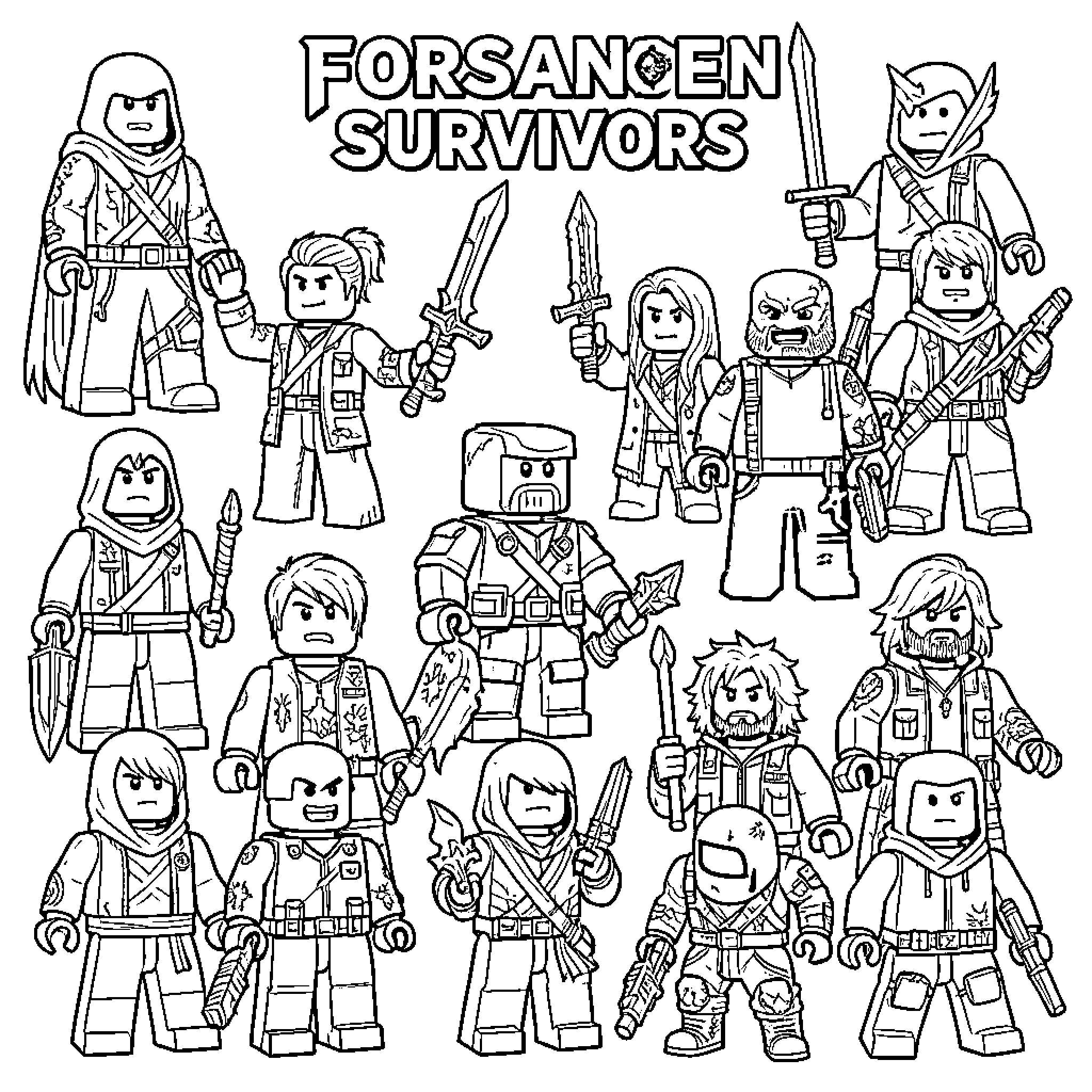 Roblox Survivor characters wielding weapons in a battle scene Coloring Page (free black-and-white line drawing printable PDF for all, from beginners to advanced learners, including children, teens, adults, and seniors)