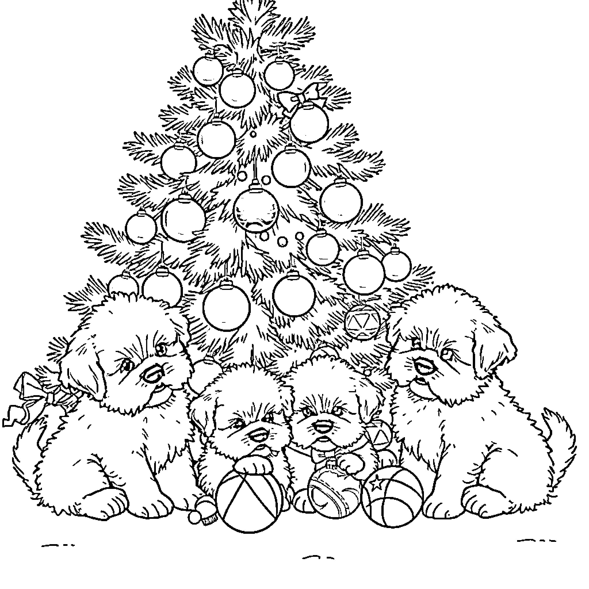 Puppies playing around Christmas tree Coloring Page (free black-and-white line drawing printable PDF for all, from beginners to advanced learners, including children, teens, adults, and seniors)