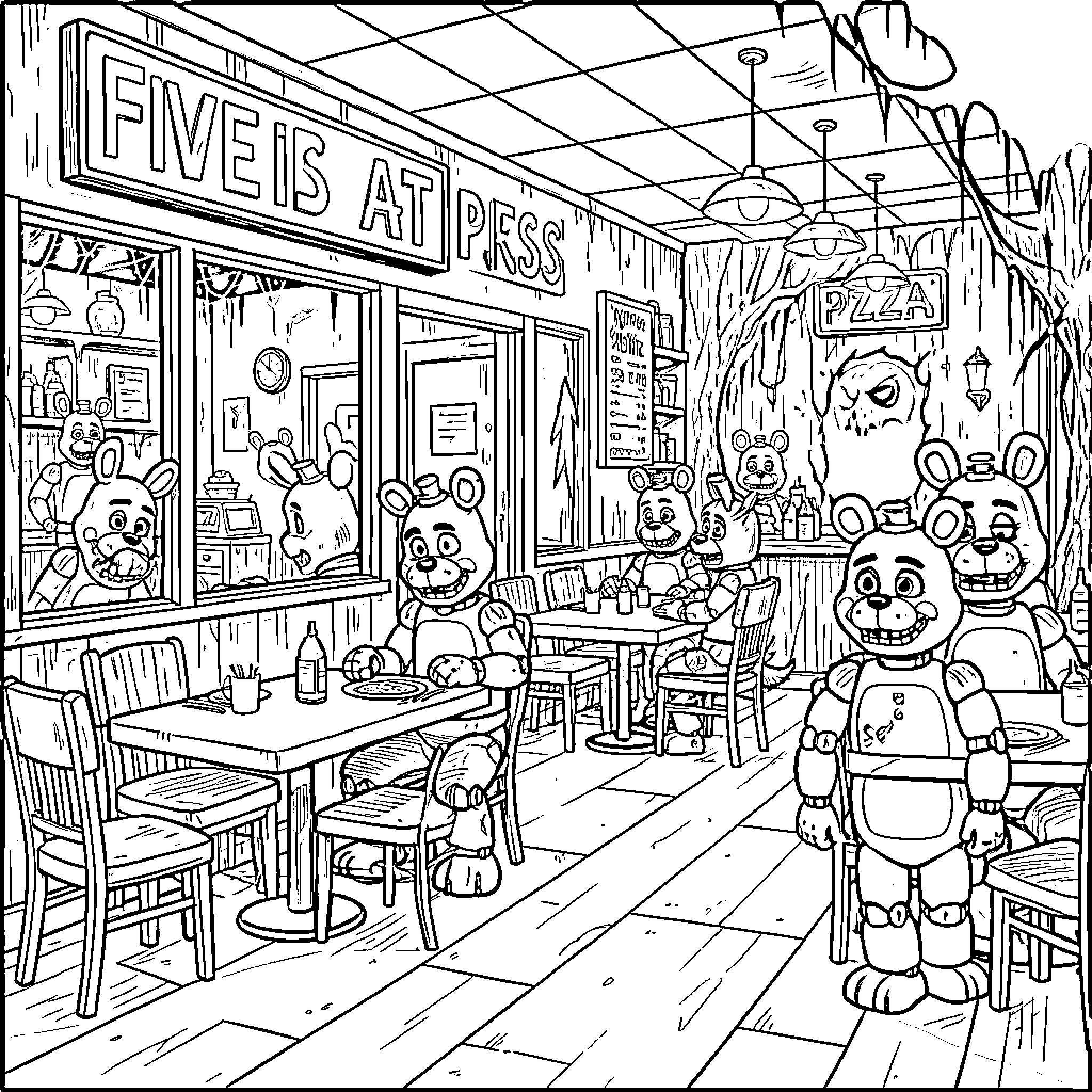 Five Nights At Freddy's characters gathered in a pizzeria Coloring Page (free black-and-white line drawing printable PDF for all, from beginners to advanced learners, including children, teens, adults, and seniors)