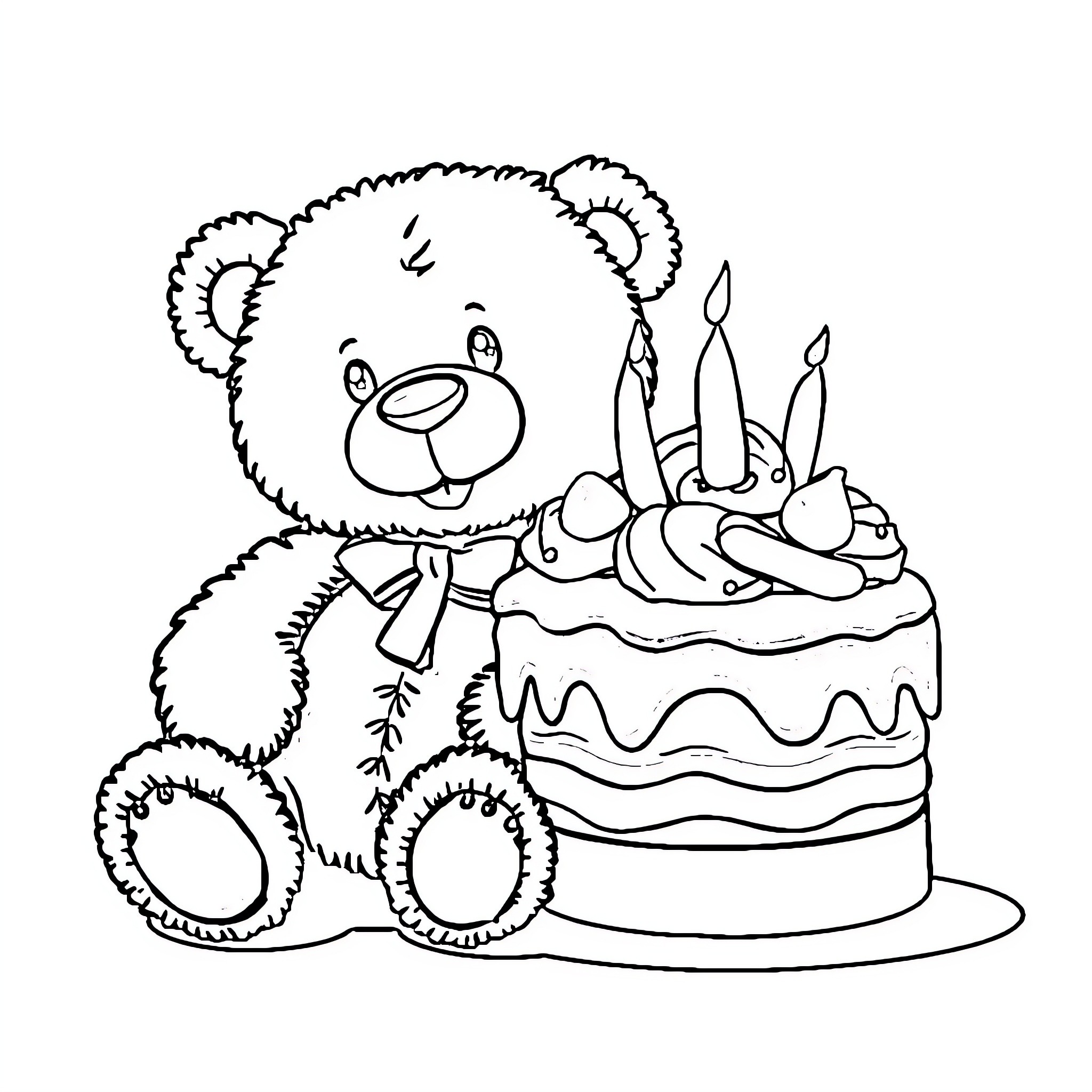 Teddy Bear celebrating birthday with cake Coloring Page (free black-and-white line drawing printable PDF for all, from beginners to advanced learners, including children, teens, adults, and seniors)