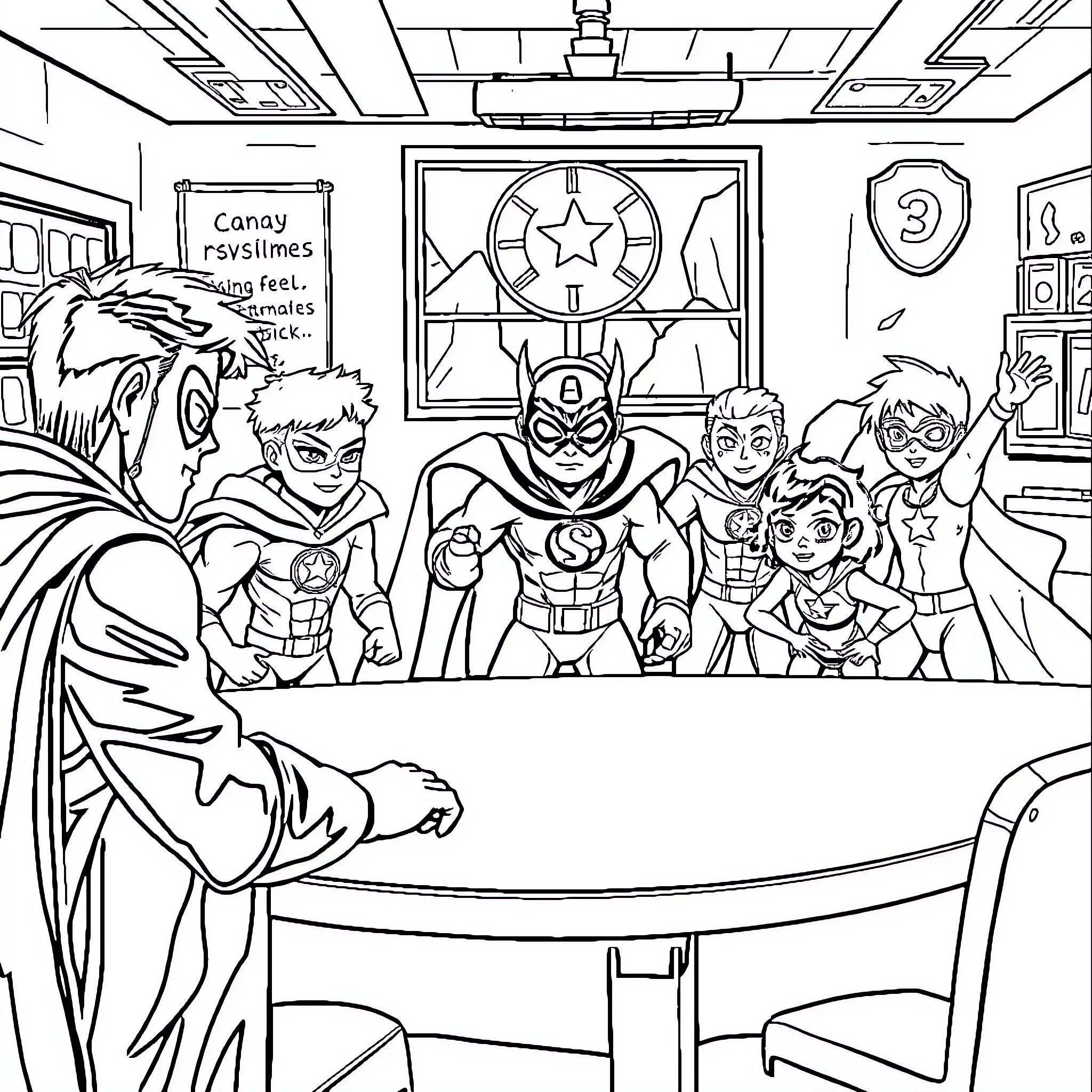 My Hero Academia Classroom Scene with Superheroes Coloring Page (free black-and-white line drawing printable PDF for all, from beginners to advanced learners, including children, teens, adults, and seniors)