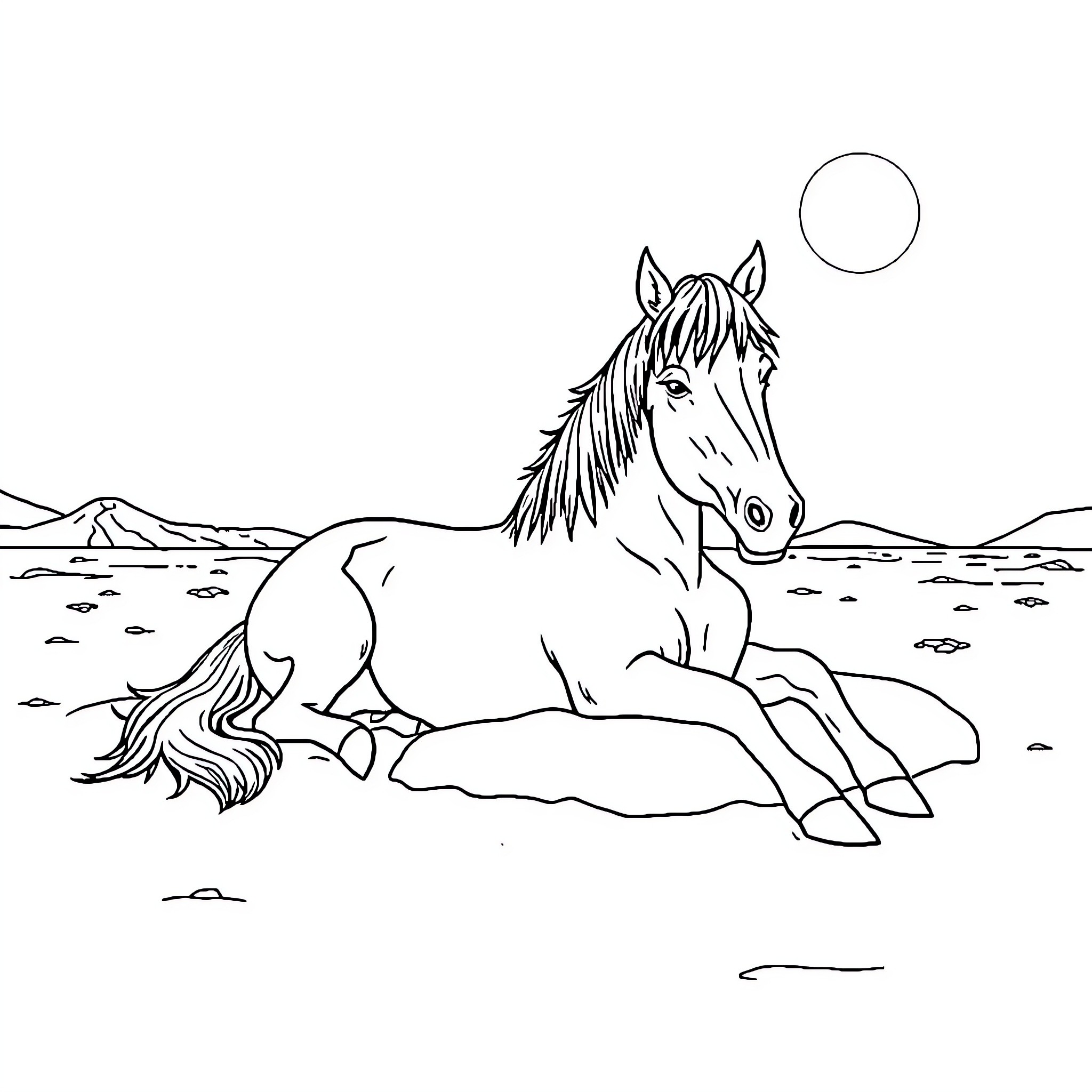Horse resting peacefully in the desert landscape Coloring Page (free black-and-white line drawing printable PDF for all, from beginners to advanced learners, including children, teens, adults, and seniors)