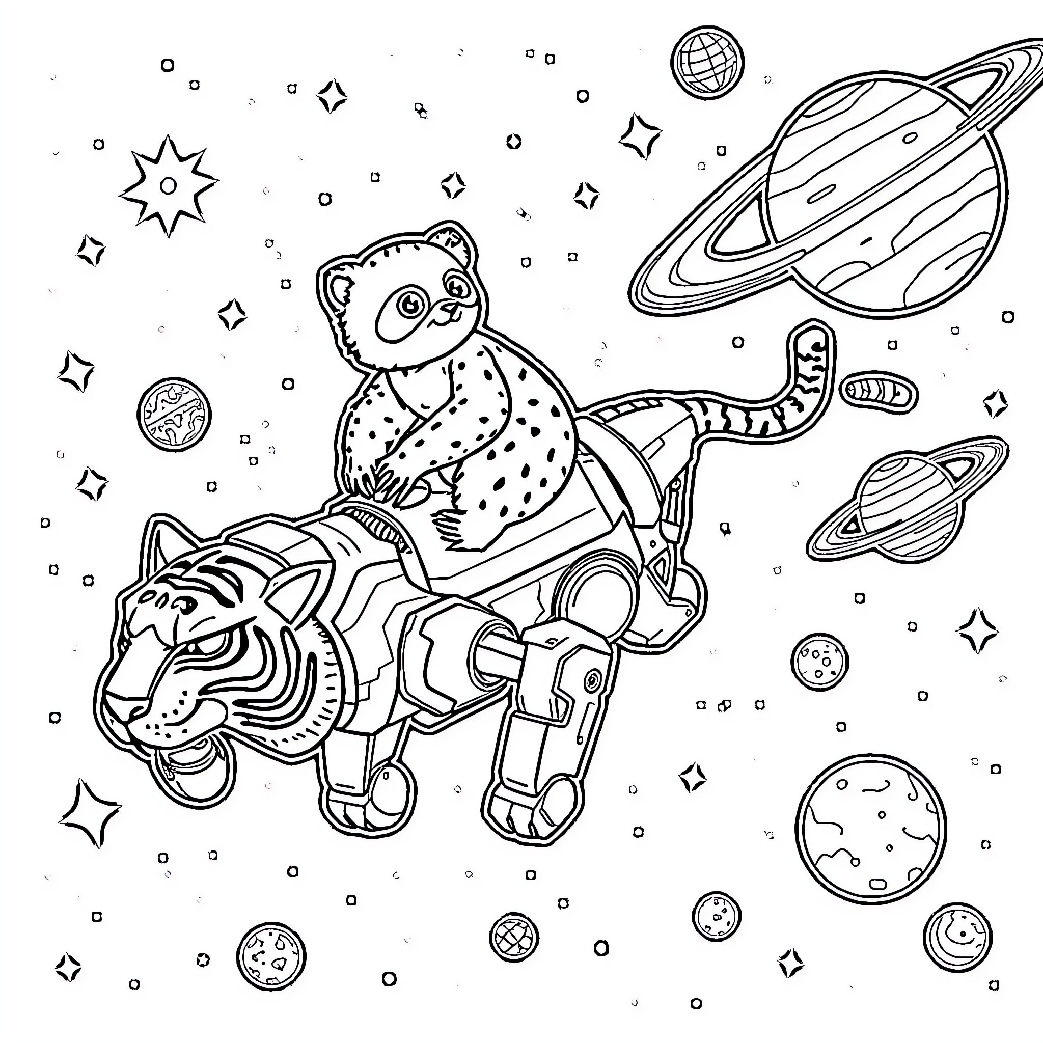 Sloth riding a tiger through a cosmic landscape Coloring Page (free black-and-white line drawing printable PDF for all, from beginners to advanced learners, including children, teens, adults, and seniors)