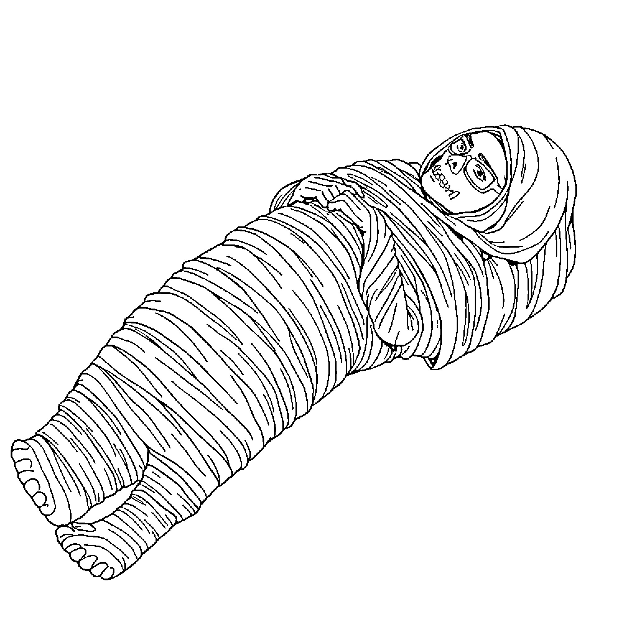 Mummy lying in wraps on the ground Coloring Page (free black-and-white line drawing printable PDF for all, from beginners to advanced learners, including children, teens, adults, and seniors)