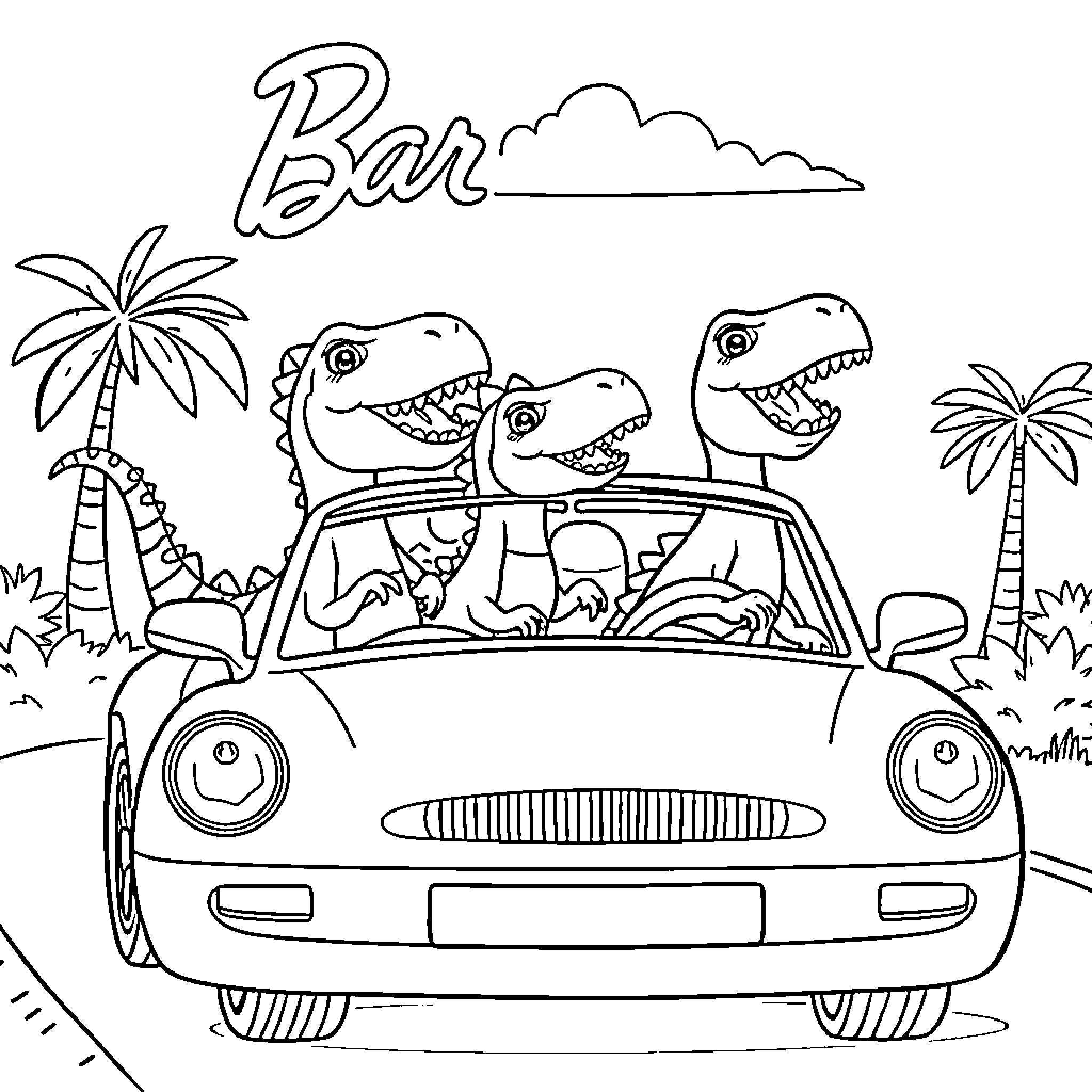 Dinosaur friends on a road trip adventure Coloring Page (free black-and-white line drawing printable PDF for all, from beginners to advanced learners, including children, teens, adults, and seniors)