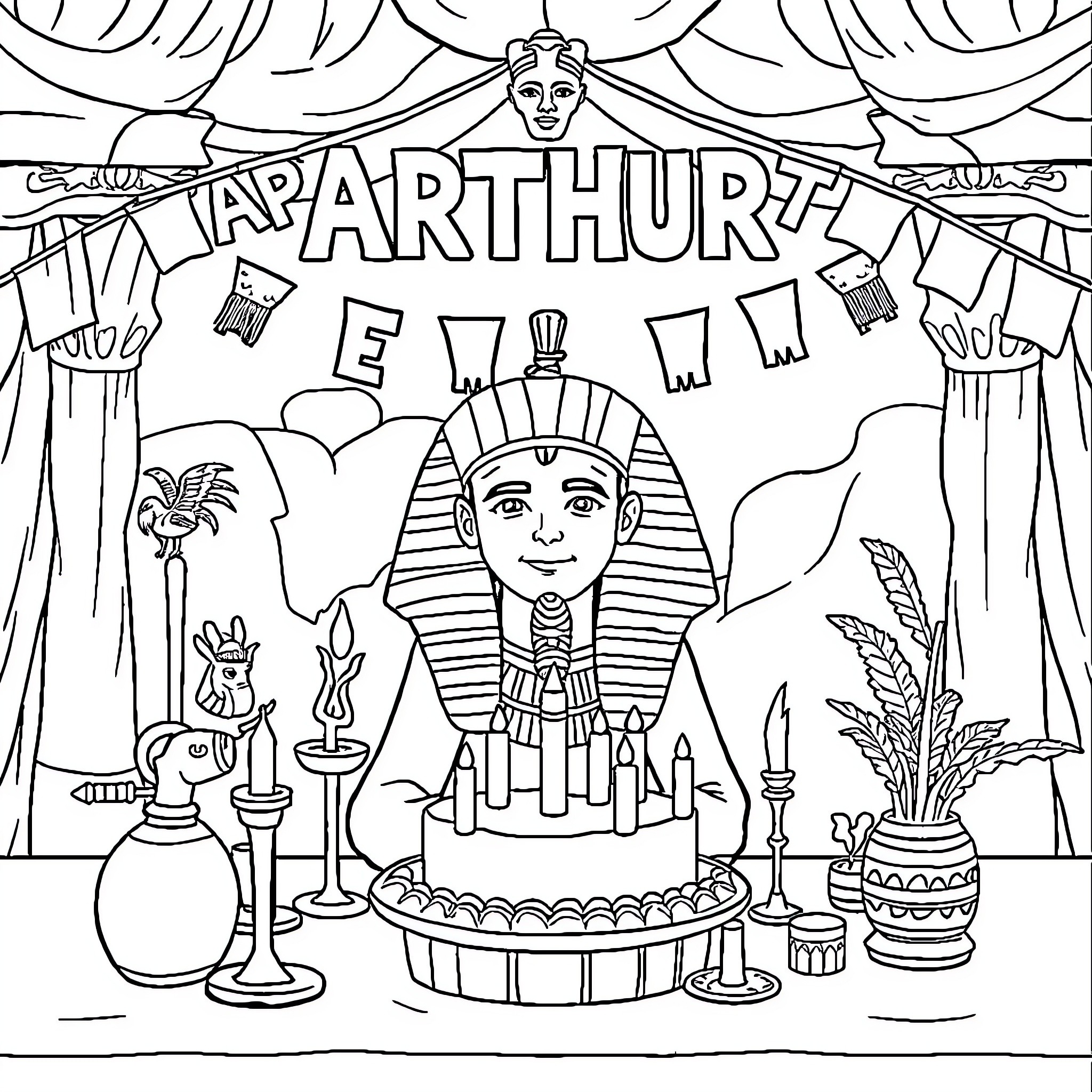 Egypt Pharaoh's Birthday Celebration Coloring Page (free black-and-white line drawing printable PDF for all, from beginners to advanced learners, including children, teens, adults, and seniors)