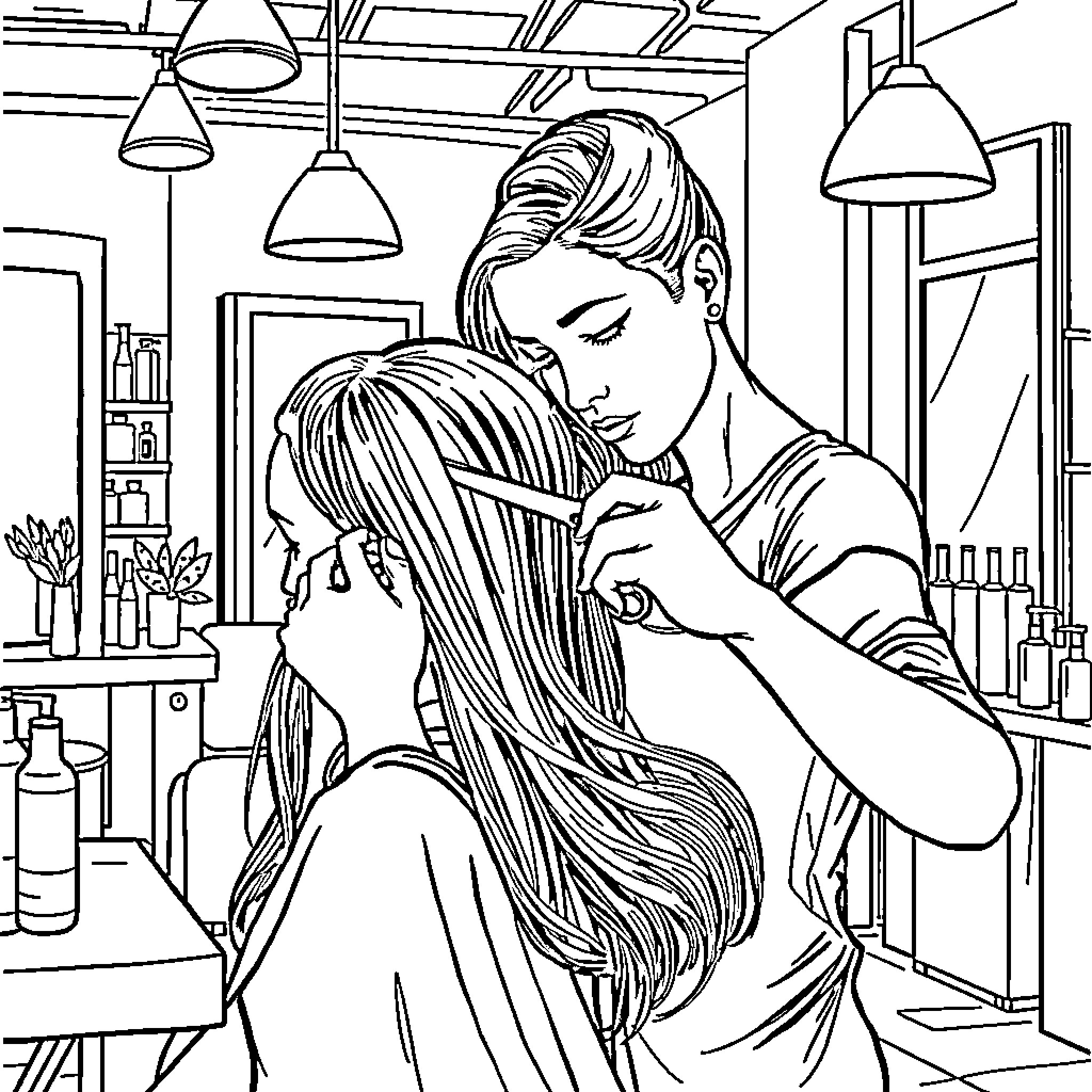 Hairstylist Carefully Styling Client's Hair in Salon Coloring Page (free black-and-white line drawing printable PDF for all, from beginners to advanced learners, including children, teens, adults, and seniors)