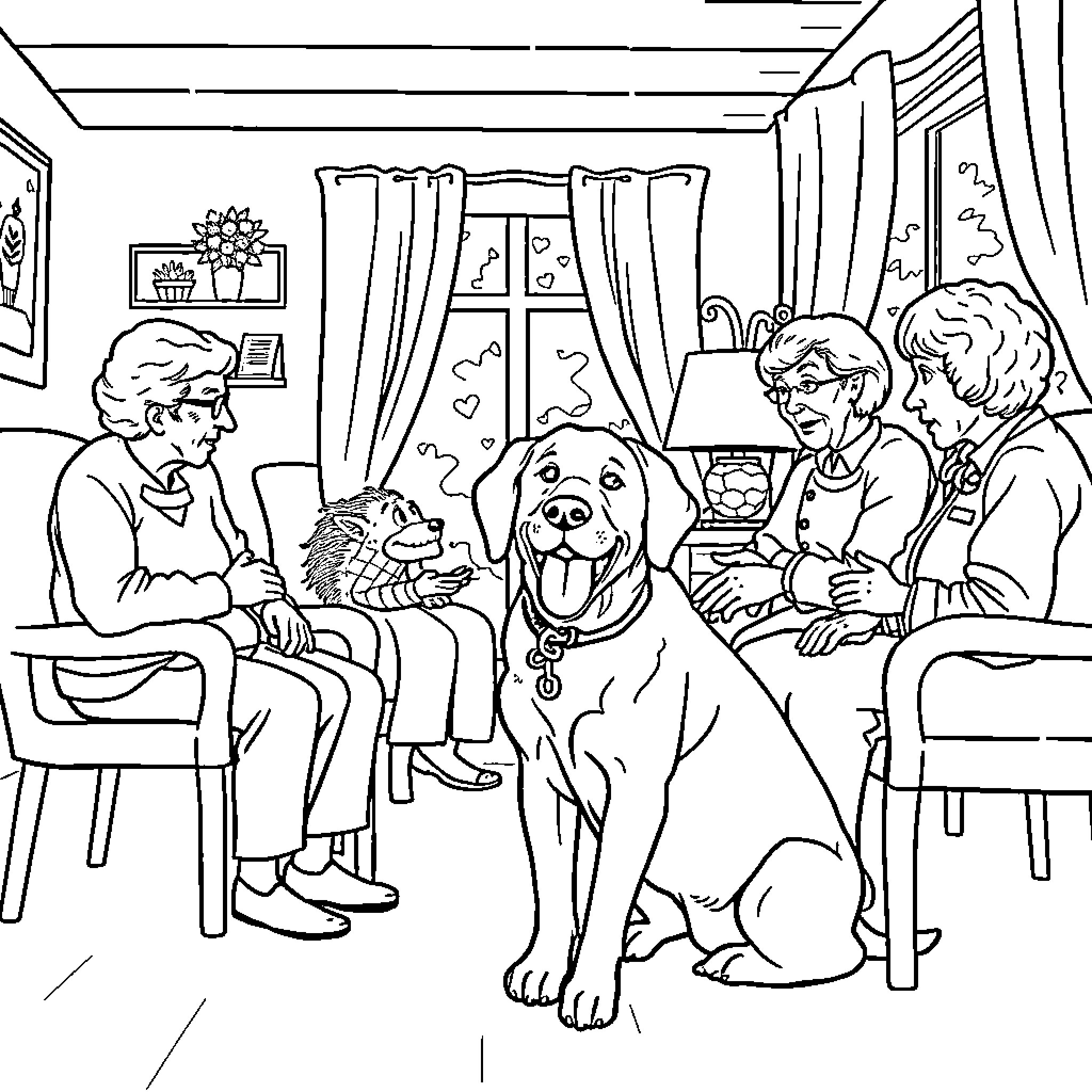 Labrador Enjoying Family Time at Home Coloring Page (free black-and-white line drawing printable PDF for all, from beginners to advanced learners, including children, teens, adults, and seniors)