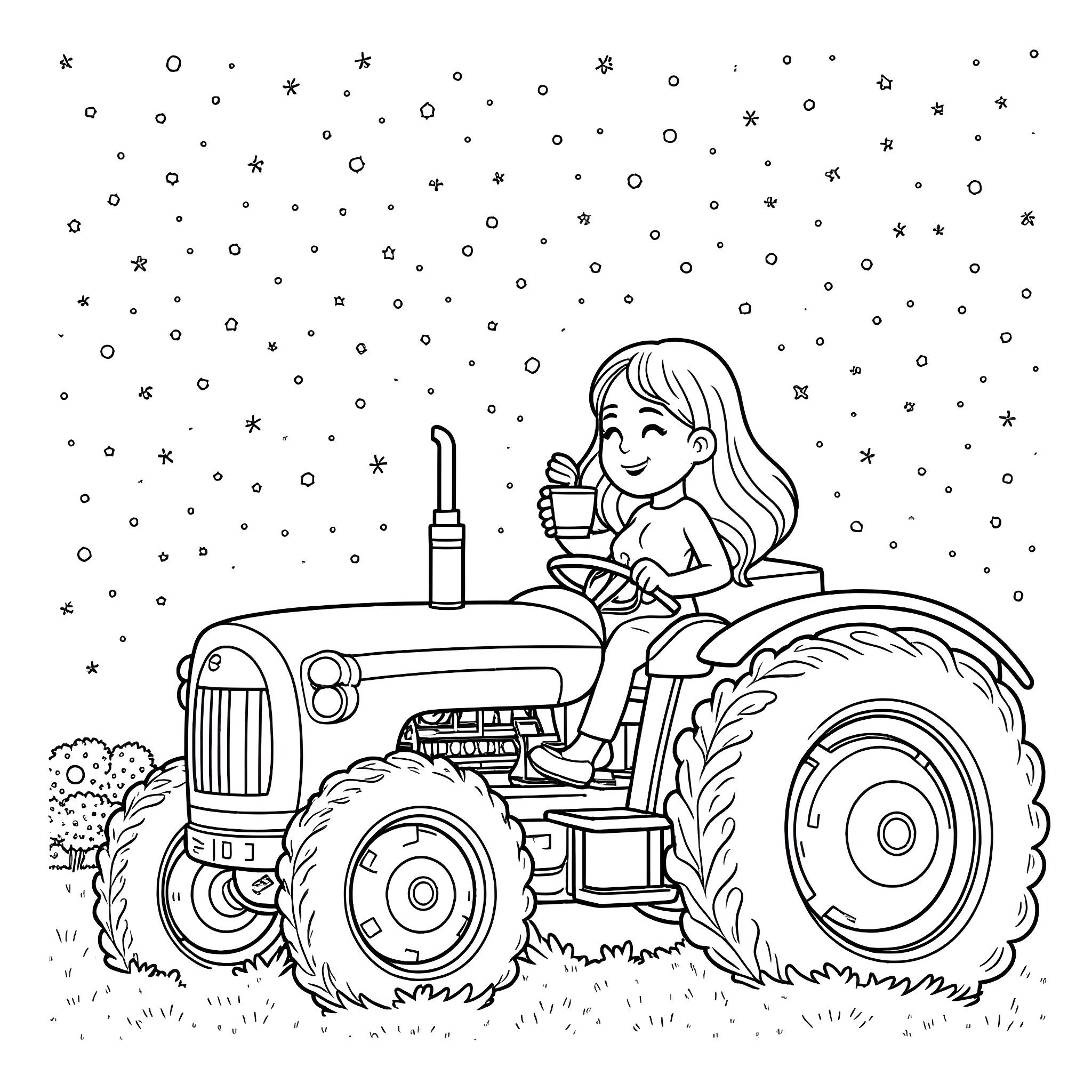 Universe of a Girl Driving a Tractor in a Field Coloring Page (free black-and-white line drawing printable PDF for all, from beginners to advanced learners, including children, teens, adults, and seniors)