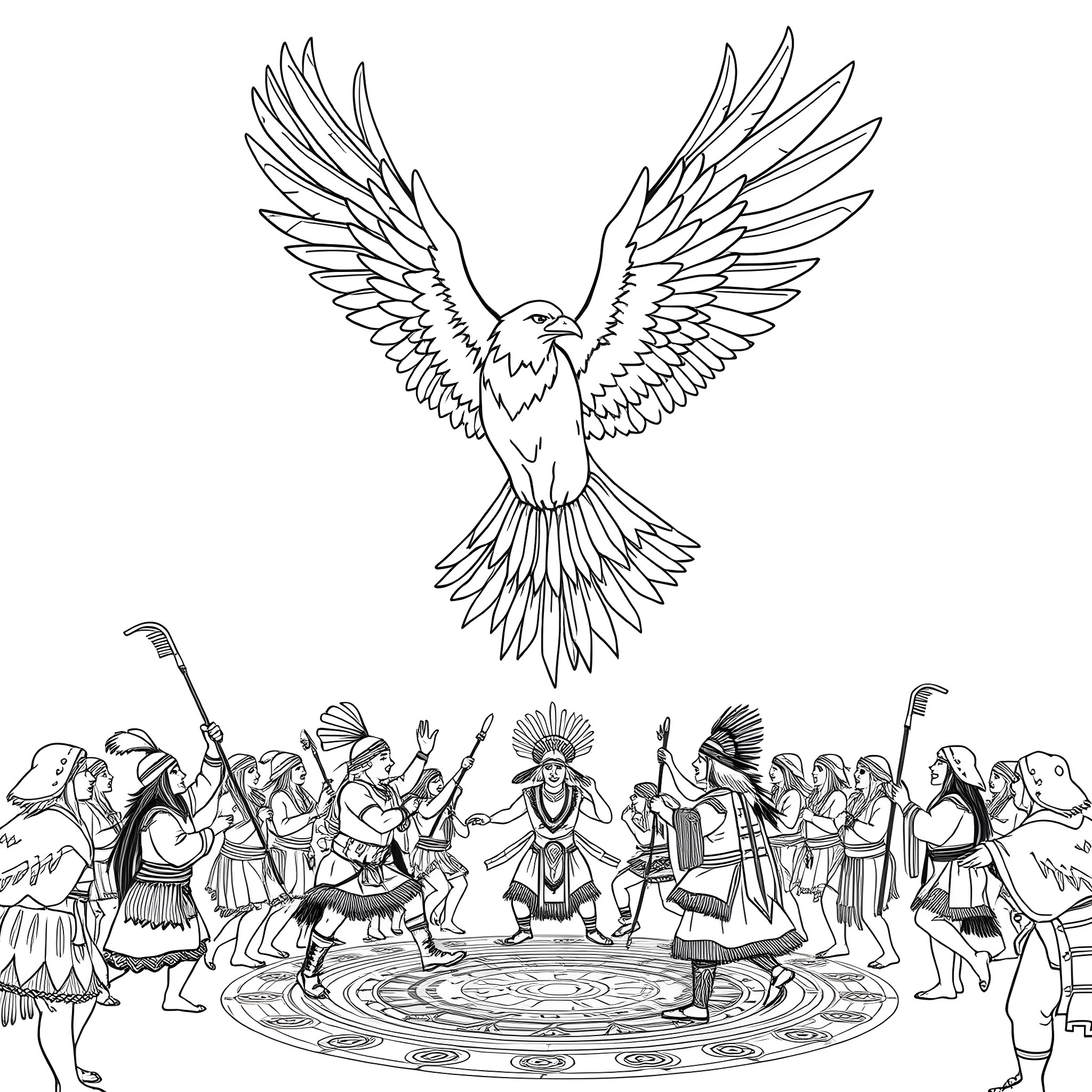 Thunderbird soaring over ceremonial gathering Coloring Page (free black-and-white line drawing printable PDF for all, from beginners to advanced learners, including children, teens, adults, and seniors)