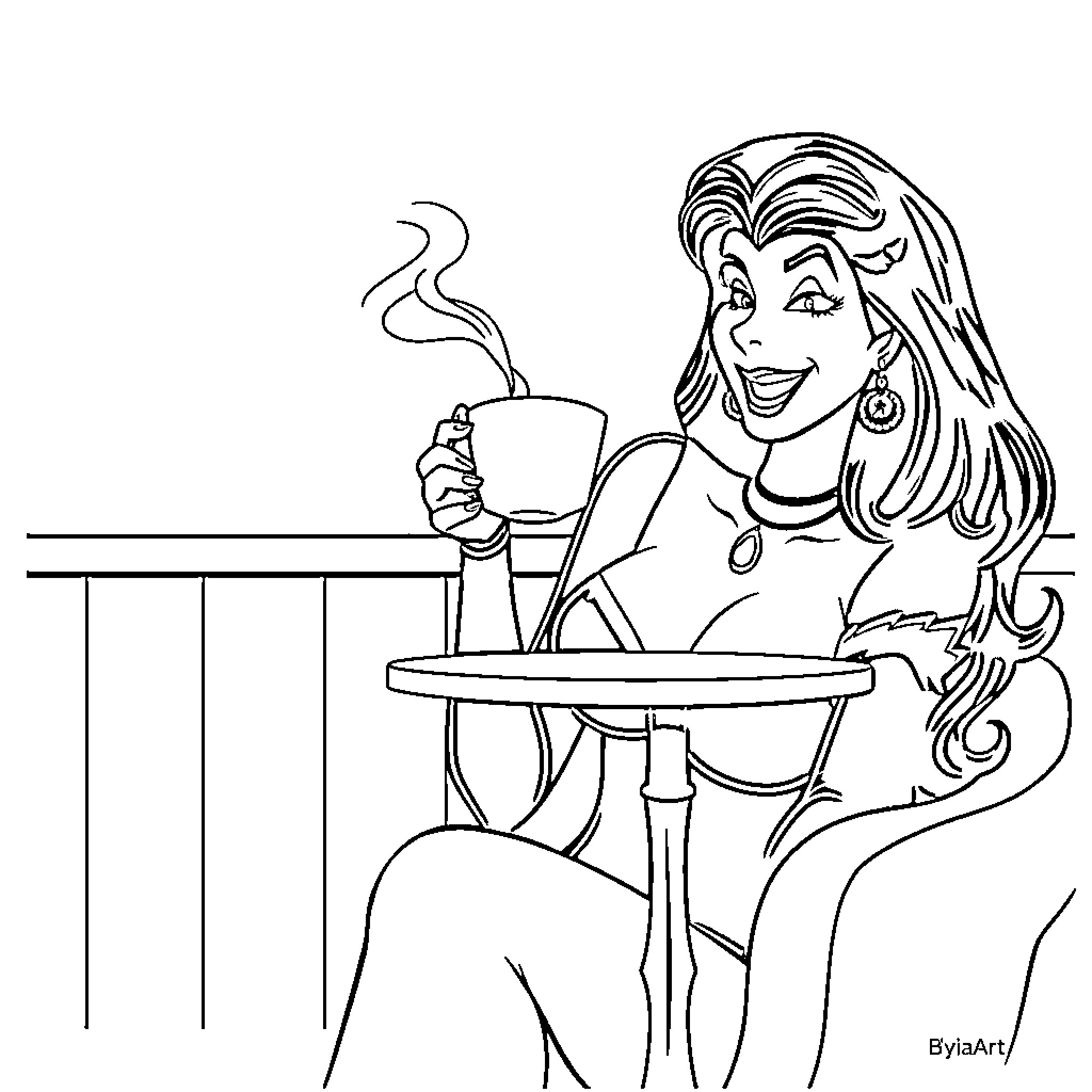 Elvira enjoying a hot beverage at the cafe Coloring Page (free black-and-white line drawing printable PDF for all, from beginners to advanced learners, including children, teens, adults, and seniors)