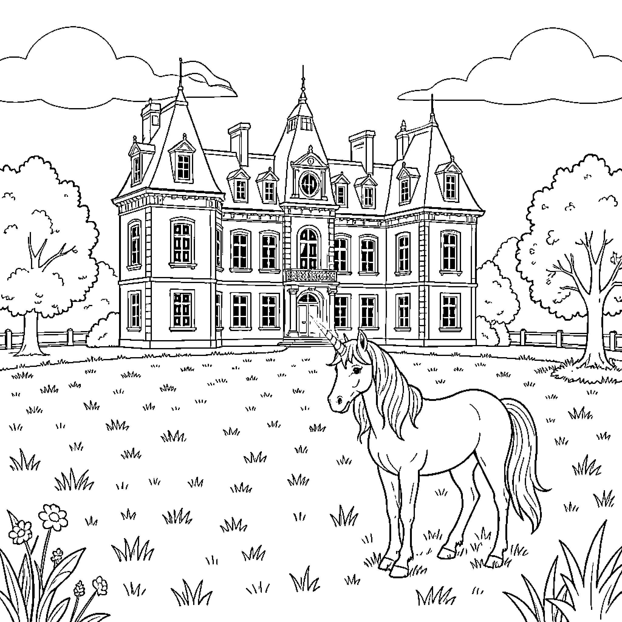 Castle standing behind a unicorn in a meadow Coloring Page (free black-and-white line drawing printable PDF for all, from beginners to advanced learners, including children, teens, adults, and seniors)