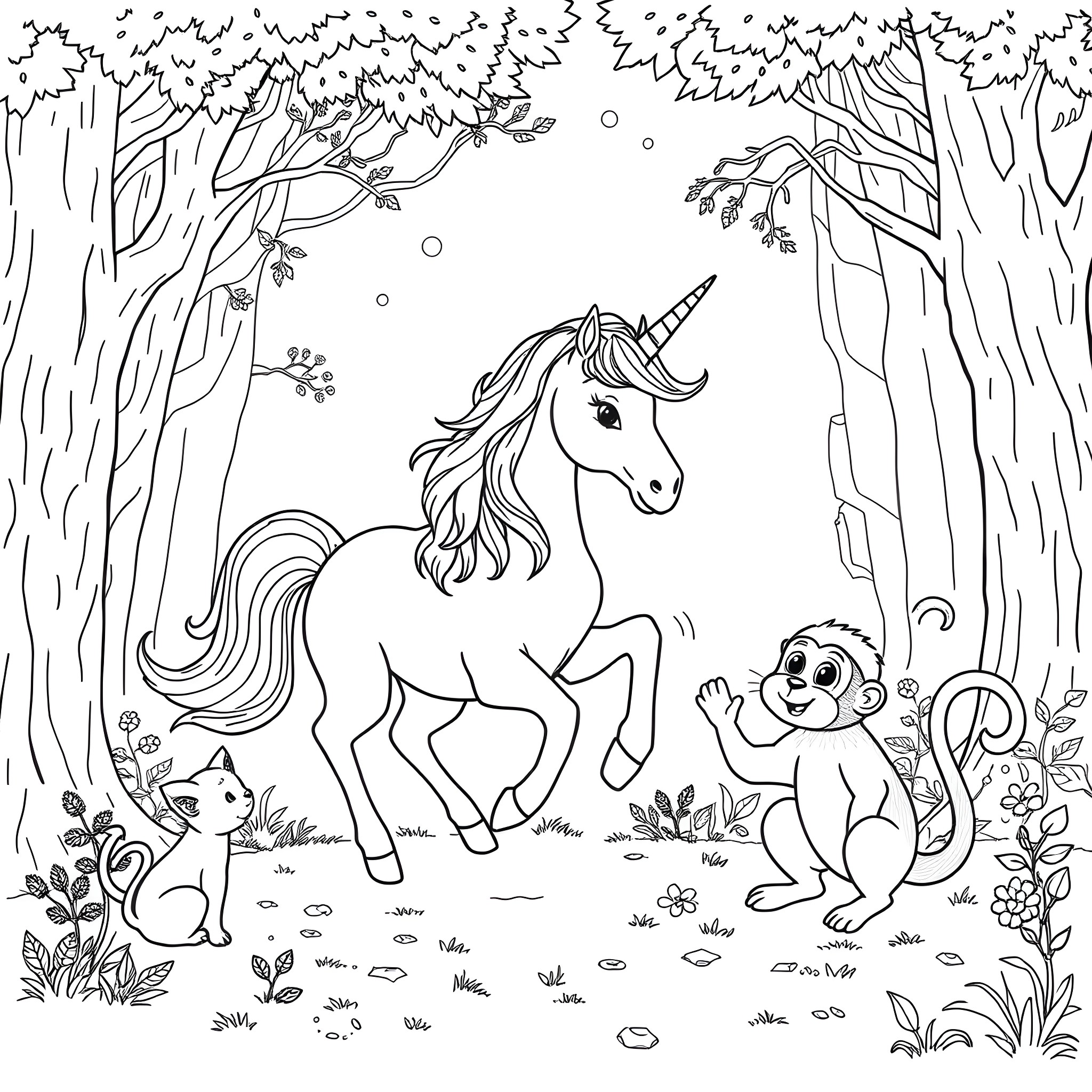 Unicorn in a Whimsical Forest with Woodland Creatures Coloring Page (free black-and-white line drawing printable PDF for all, from beginners to advanced learners, including children, teens, adults, and seniors)