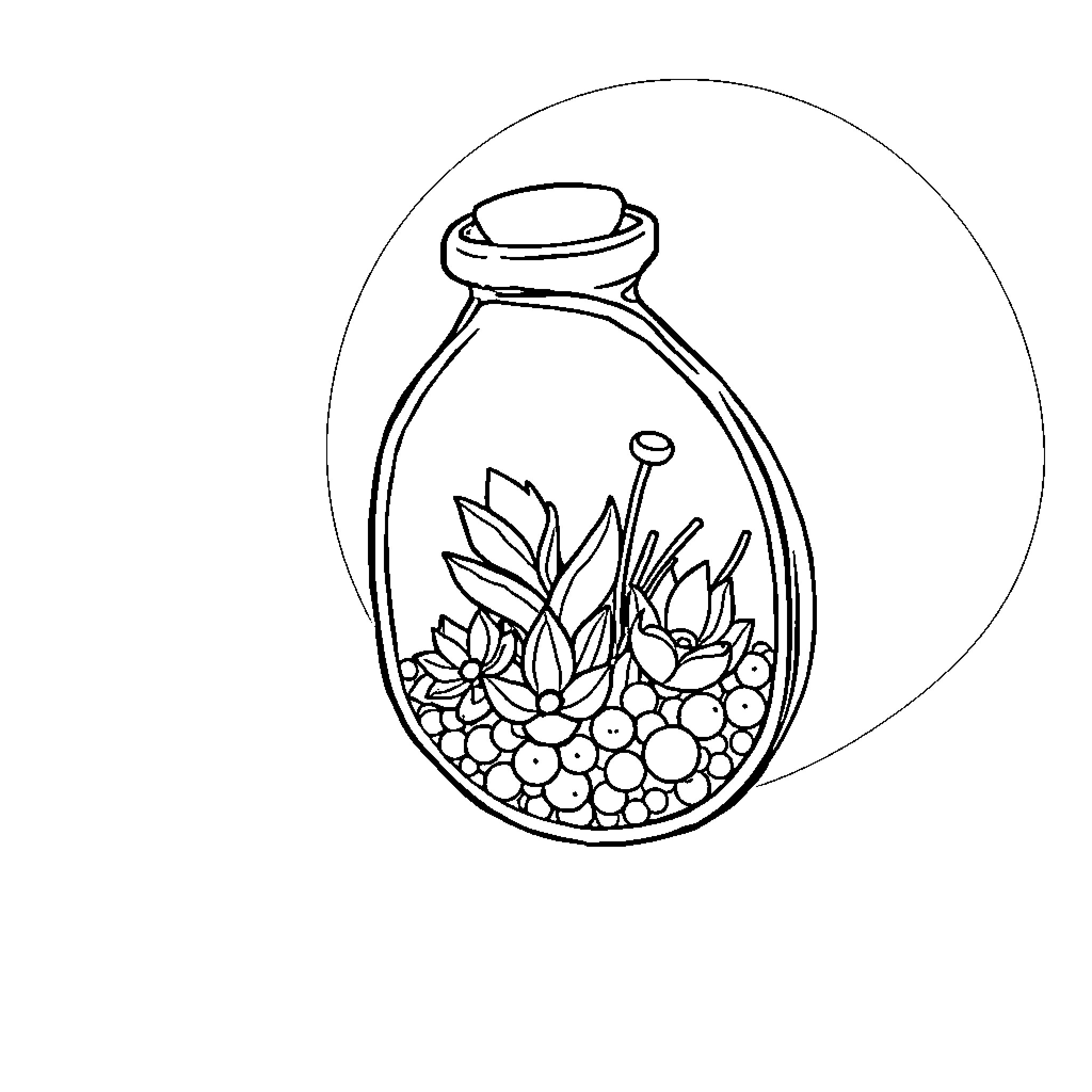 Succulent terrarium in a glass container Coloring Page (free black-and-white line drawing printable PDF for all, from beginners to advanced learners, including children, teens, adults, and seniors)