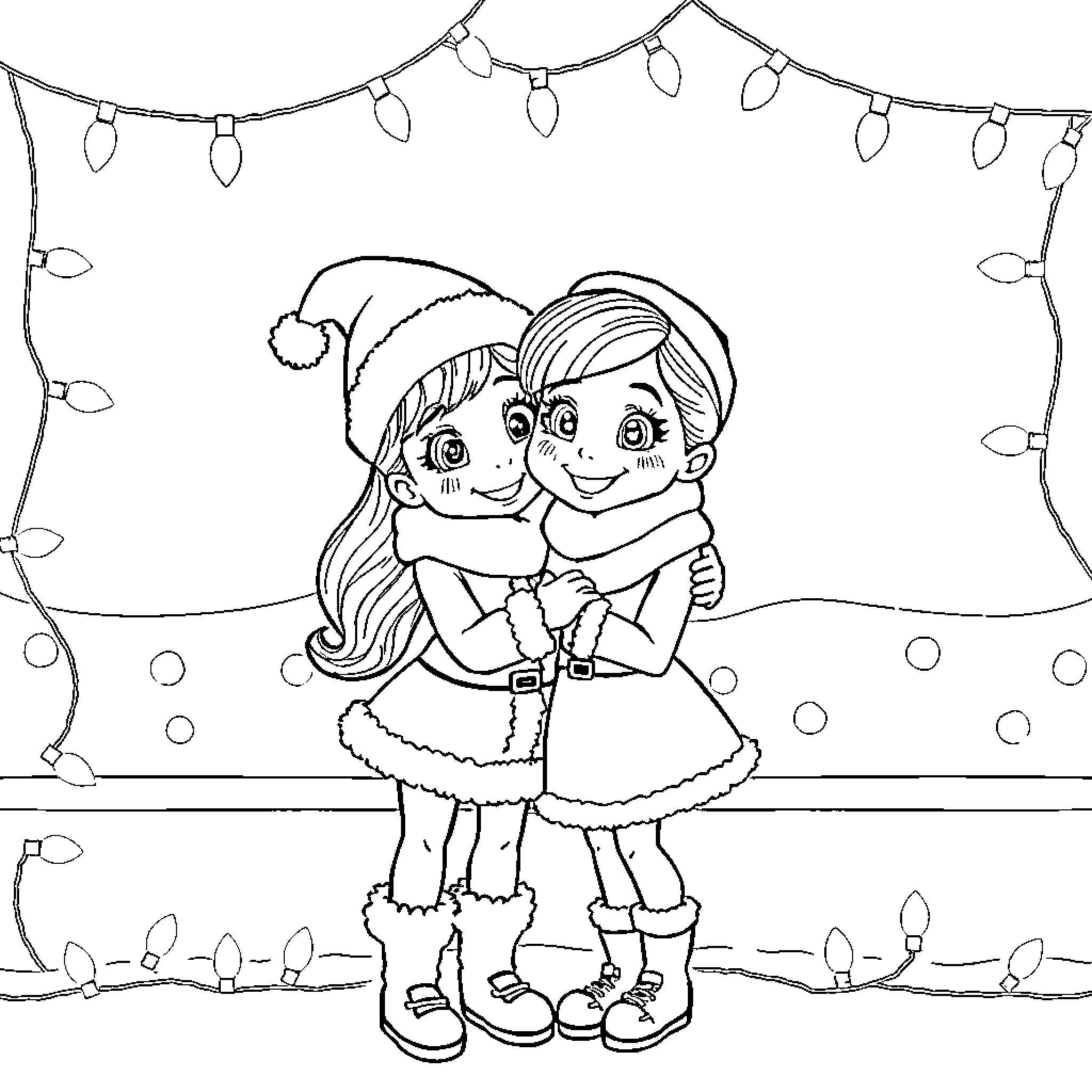 Gatirena's Winter Embrace Coloring Page (free black-and-white line drawing printable PDF for all, from beginners to advanced learners, including children, teens, adults, and seniors)