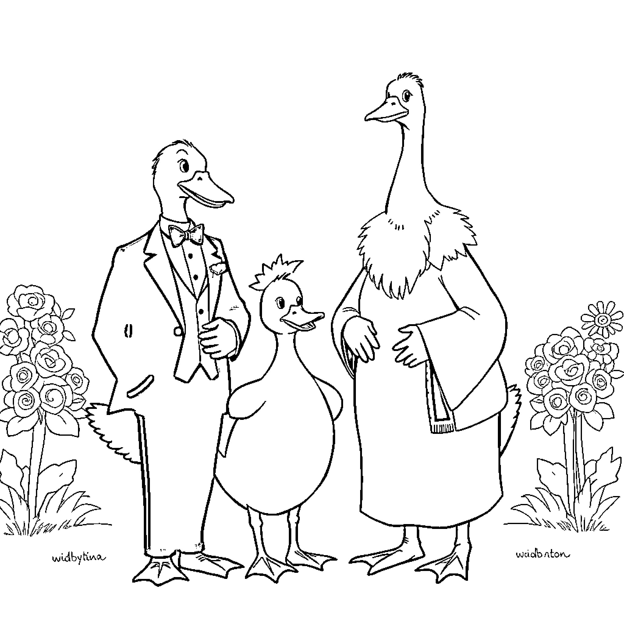 Goose family in formal attire with flowers Coloring Page (free black-and-white line drawing printable PDF for all, from beginners to advanced learners, including children, teens, adults, and seniors)