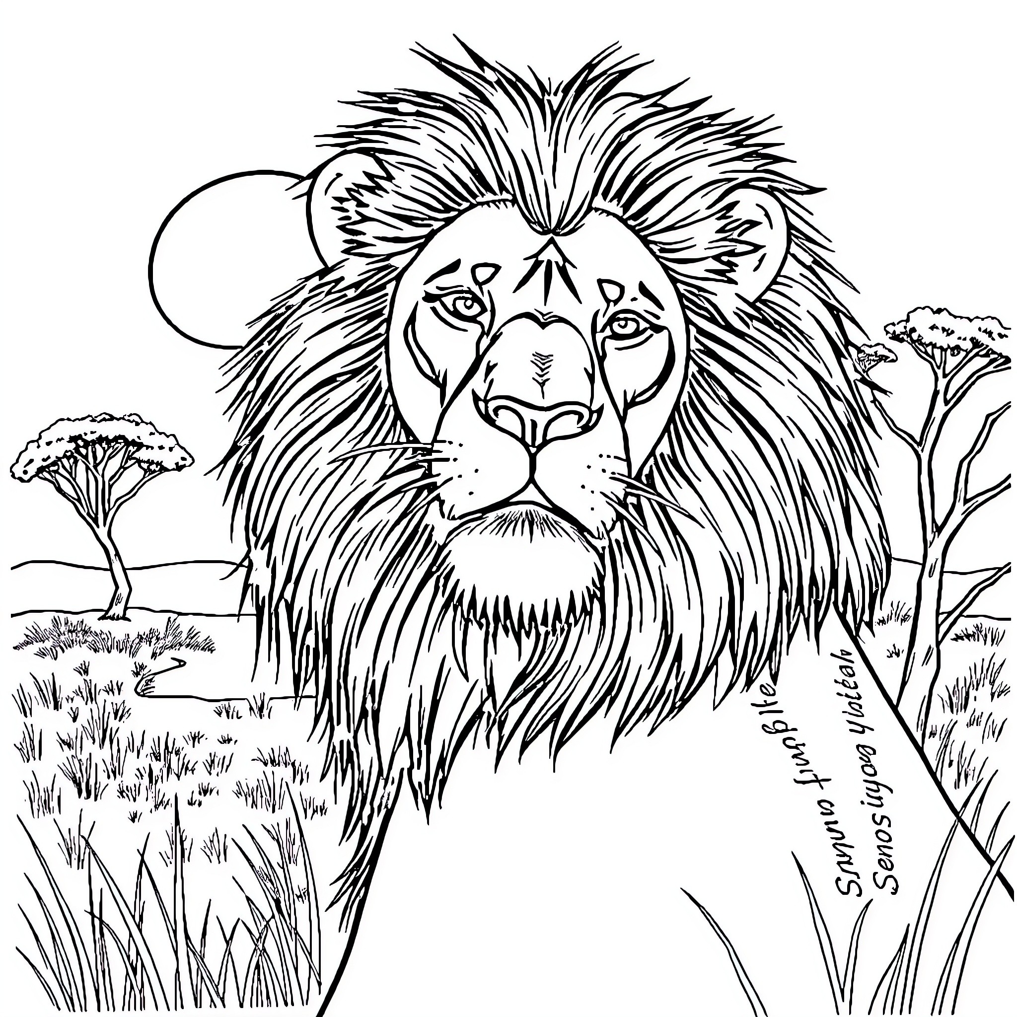 Lion in natural habitat with plants and landscape Coloring Page (free black-and-white line drawing printable PDF for all, from beginners to advanced learners, including children, teens, adults, and seniors)
